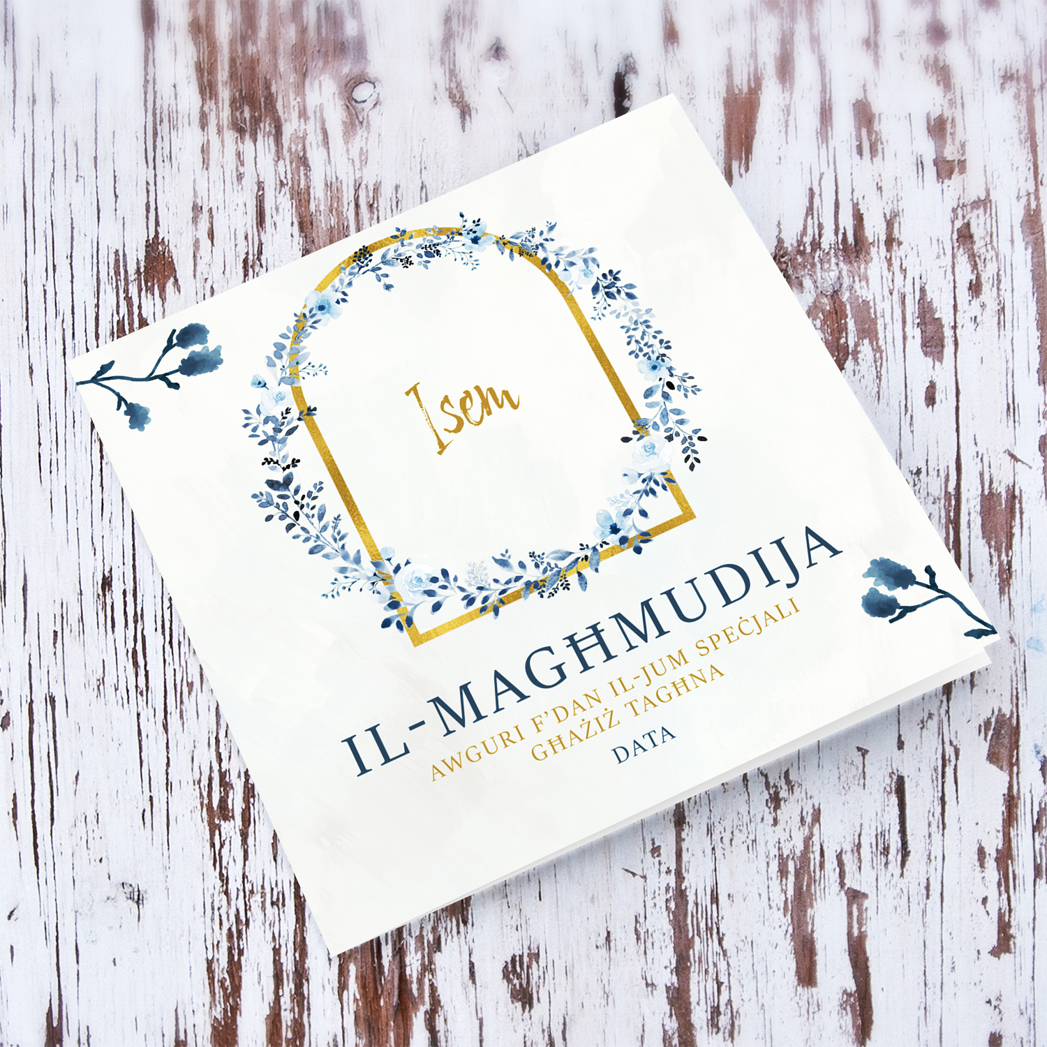 Dainty and elegant photo baptism card in blue flower wreath in Maltese