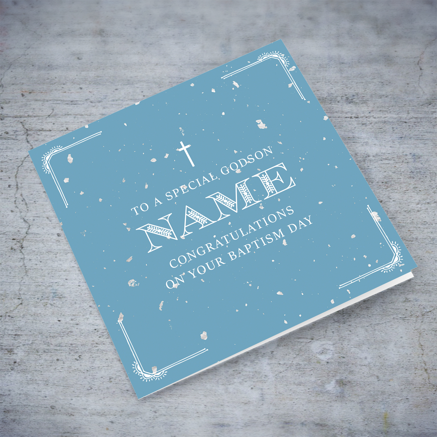Baptism card for Godson in blue speckled background in English (Personalisable)