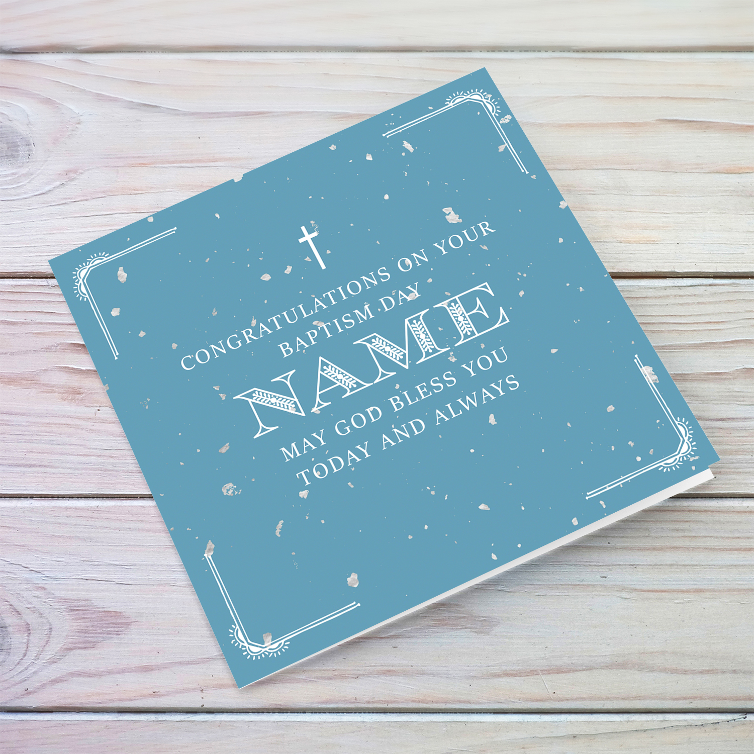 Baptism card for boy in blue speckled background in English (Personalisable)