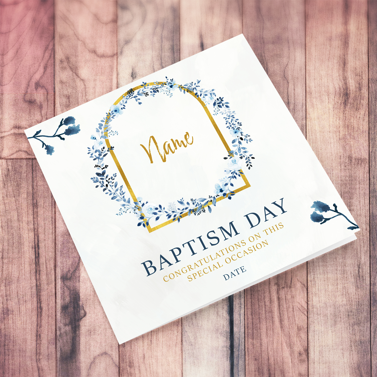 Dainty and elegant baptism card in blue flower wreath in English (Personalisable)
