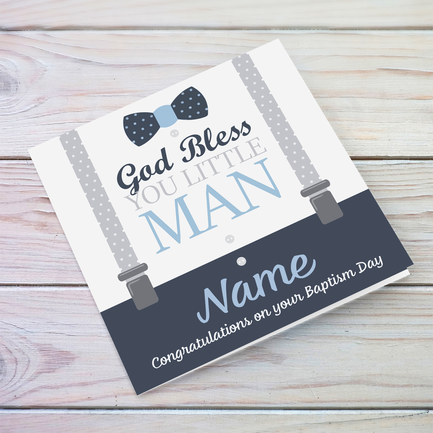A personalisable Baptism card for a boy, with cute bow in shades of light gray and blue in English