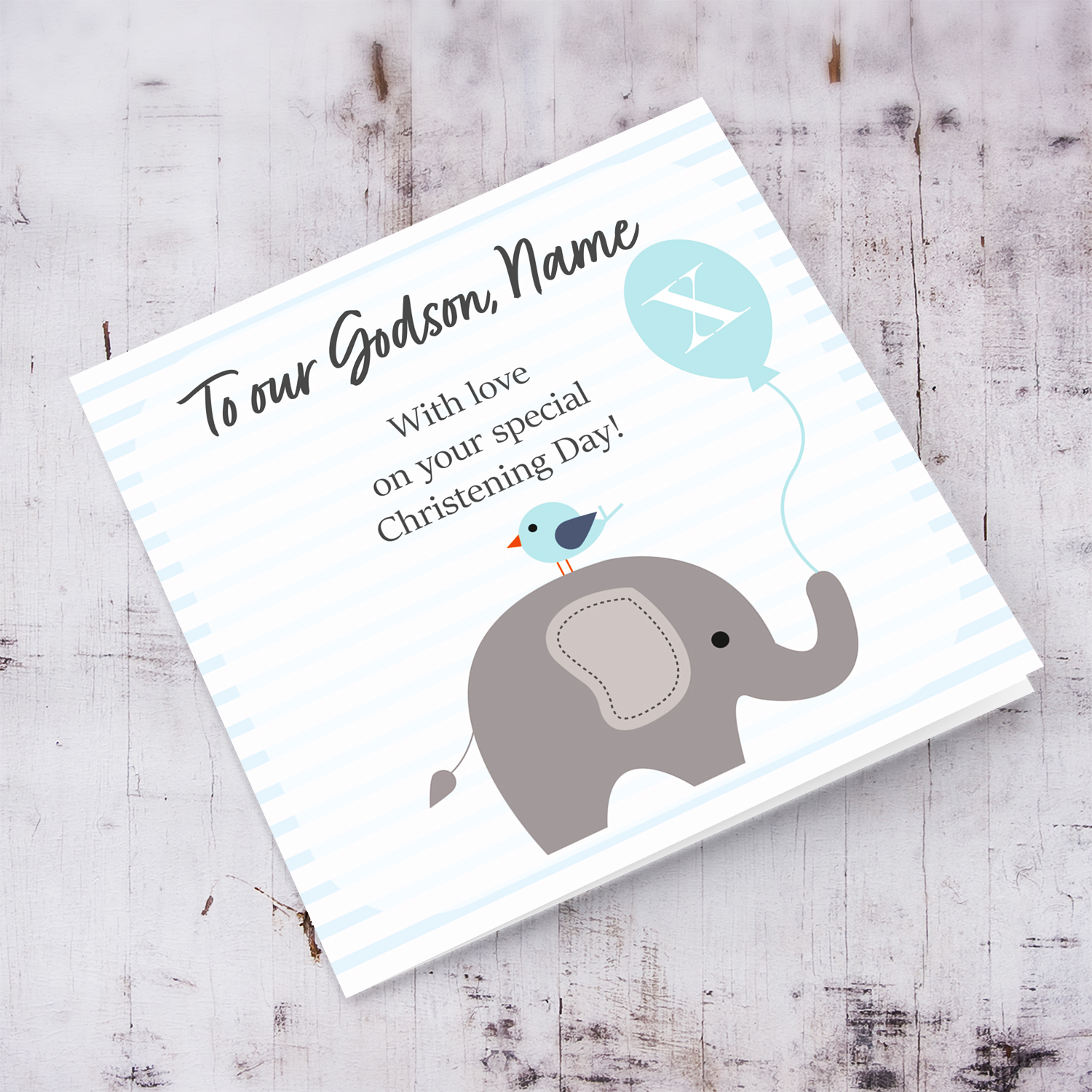 Elephant with bird holding light blue balloon, with striped background baptism card for OUR Godson in English (Personalisable)