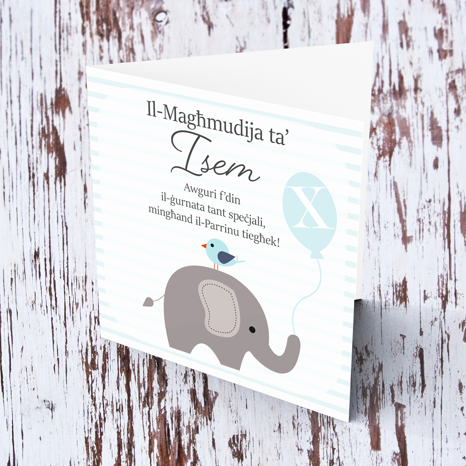 Elephant with bird holding light blue balloon, with striped background baptism card for Godson from Godfather in Maltese (Personalisable)