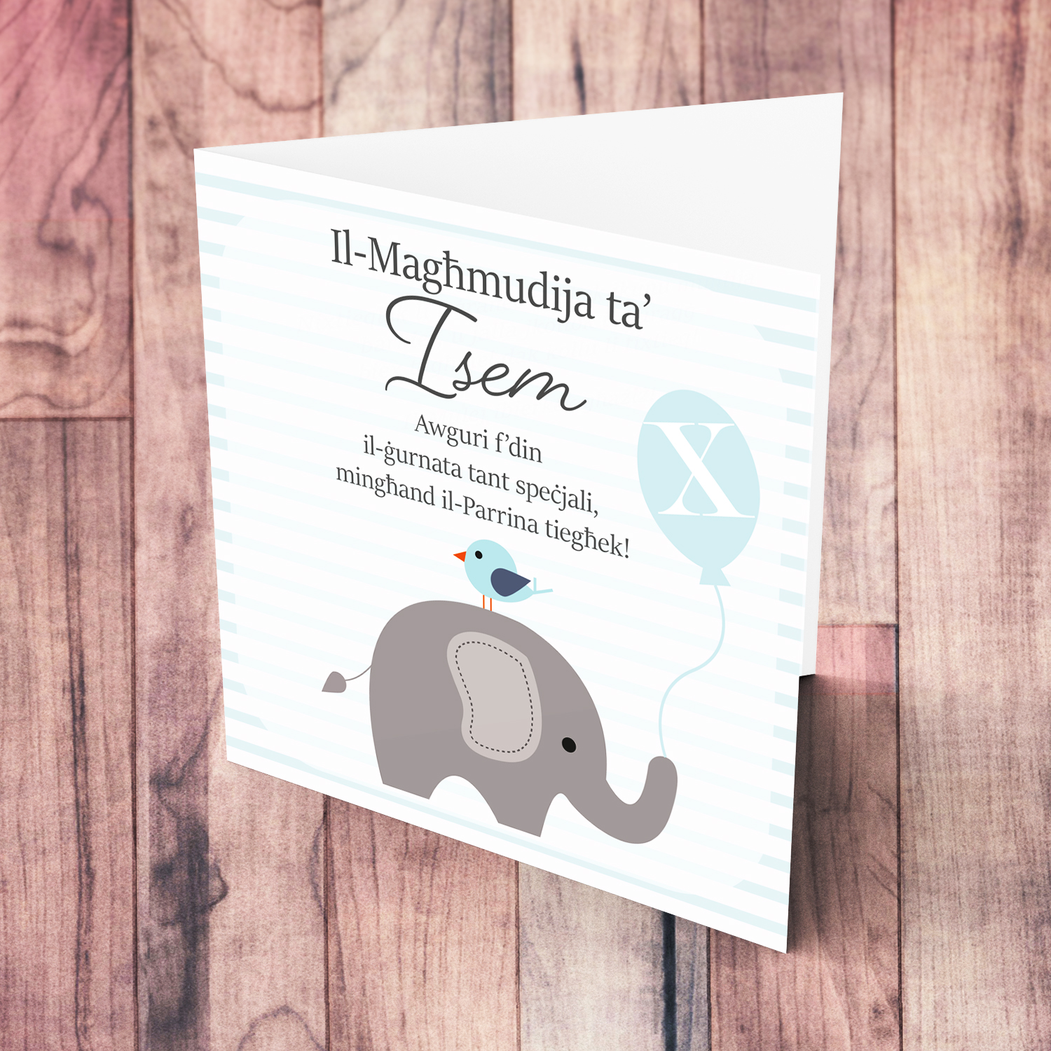 Elephant with bird holding light blue balloon, with striped background baptism card for Godson from Godmother in Maltese (Personalisable)
