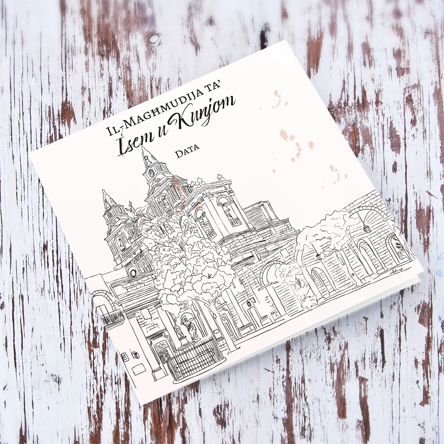 Sanctuary of Our Lady Mellieħa line art Baptism Card in Maltese (Personalisable, unisex & neutral)