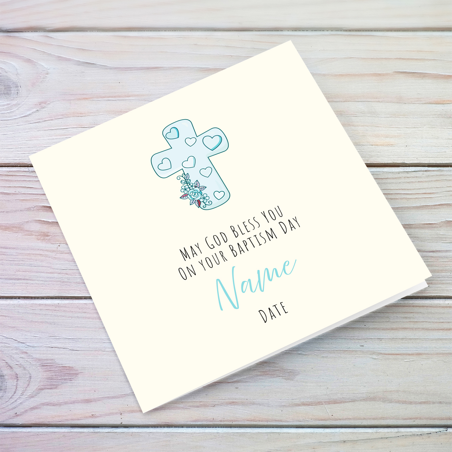 A beautiful baptism card, featuring a light blue cross with cute florals in English (Personalisable)