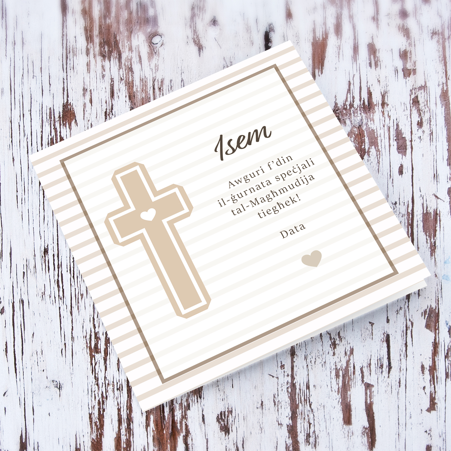 A neutral baptism card with a neutral colour striped background in Maltese (Personalisable & Unisex)