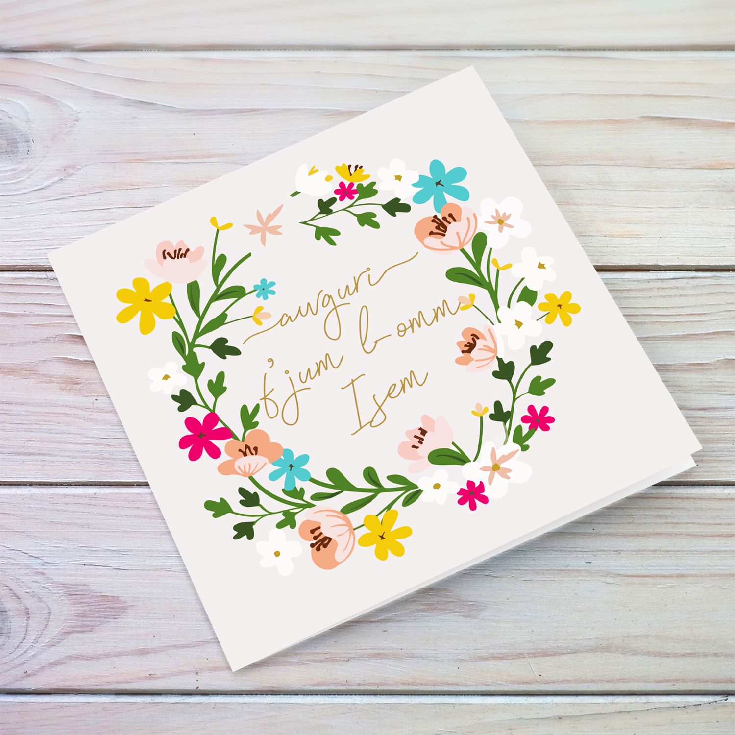 Colourful floral themed personalisable mother's day card with light pink background for mother in Maltese