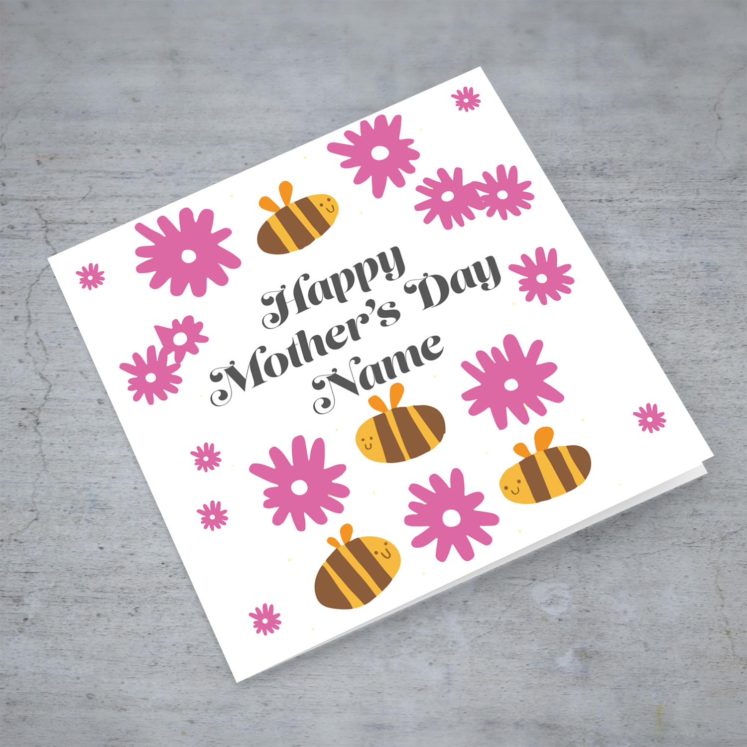 Cute bee themed mother's day personalisable card with scattered pink flowers in English