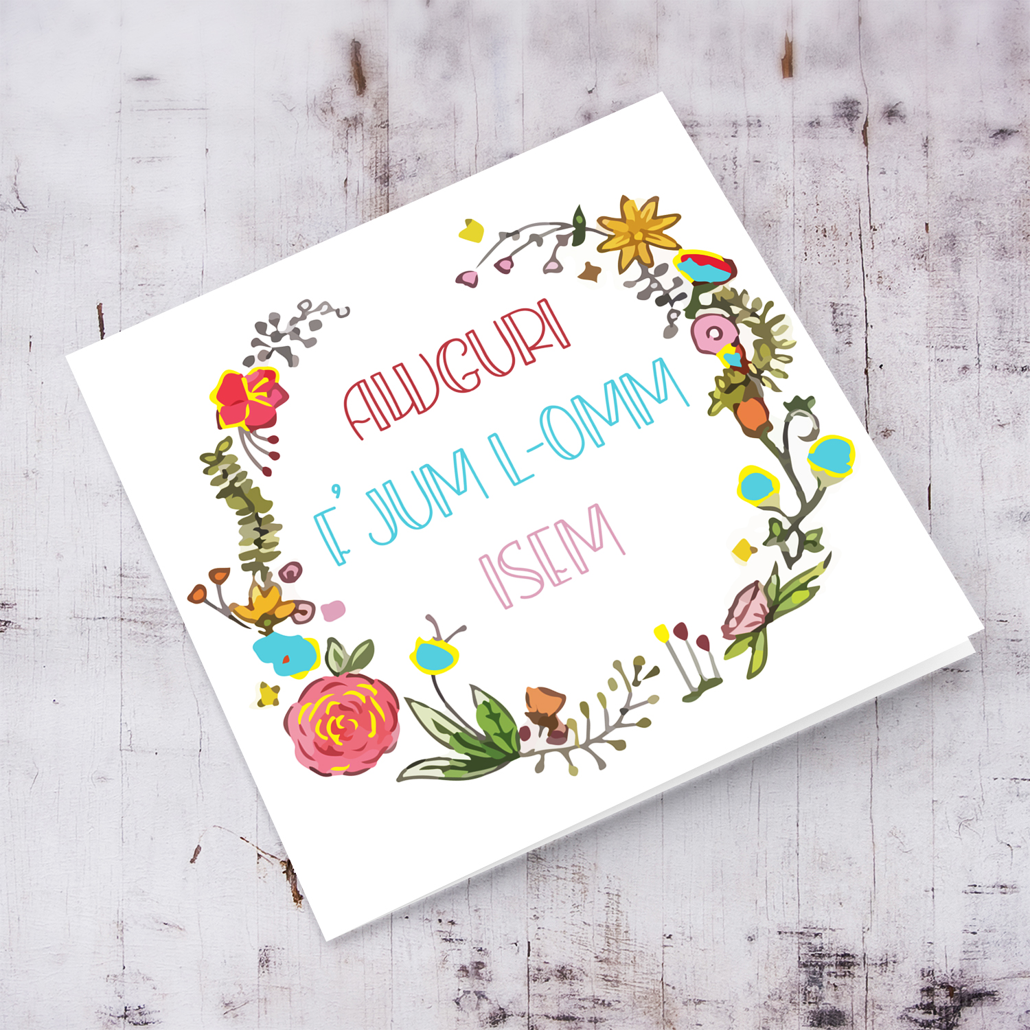 Colourful wreath with various flowers Mother's Day card in Maltese