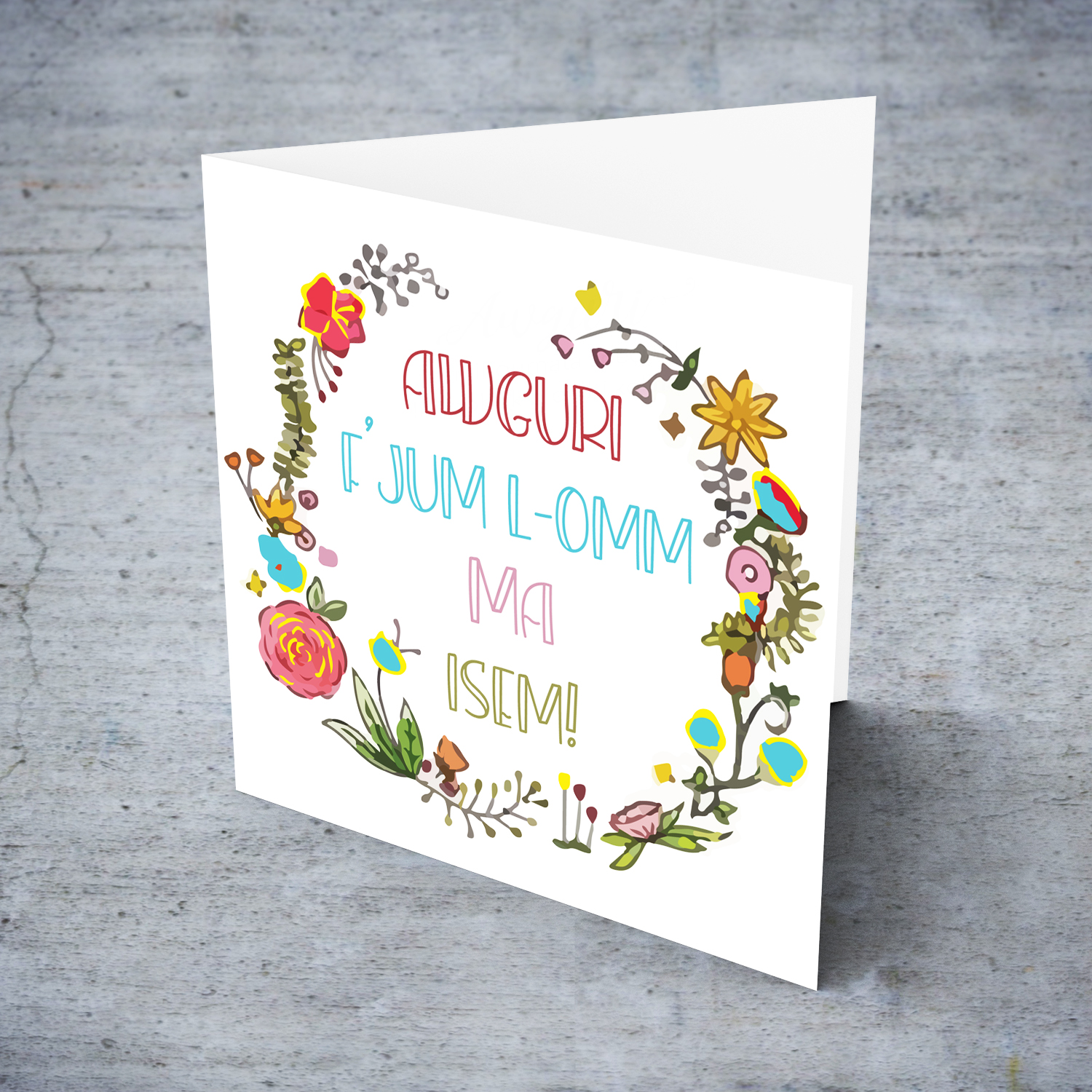 Colourful wreath with various flowers Mother's Day personalisable card for mother in Maltese