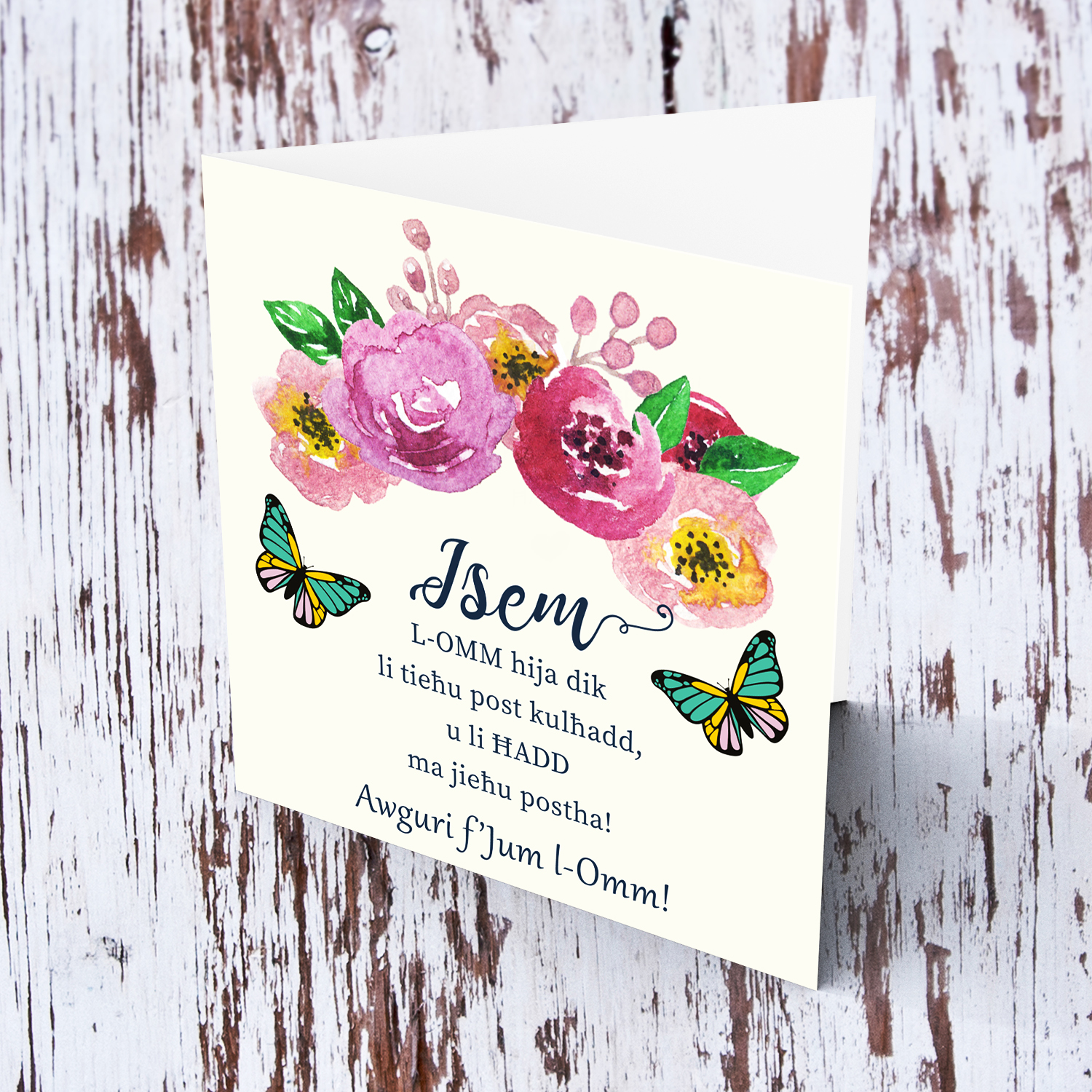 Pink Flowers themed personalisable Mother's Day card in Maltese