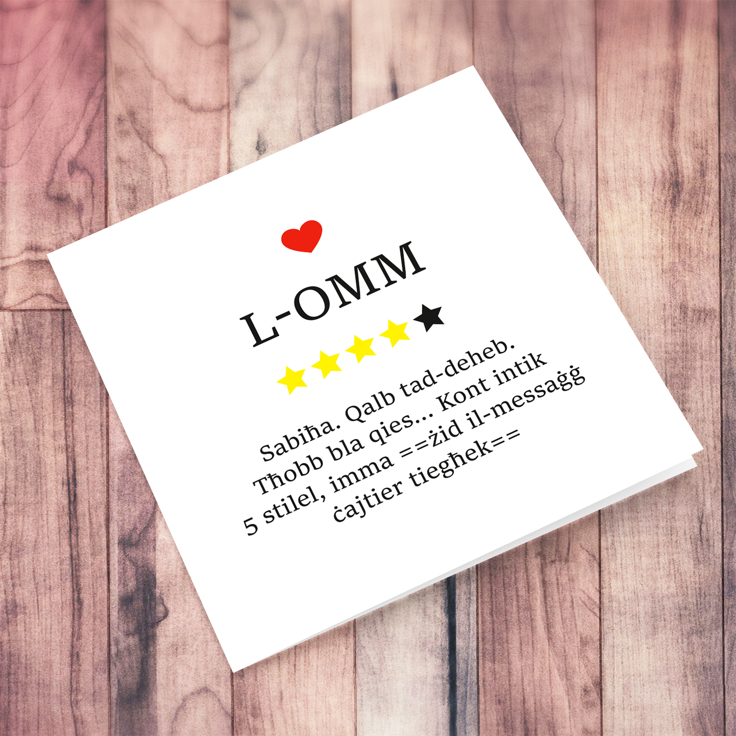 Funny review personalisable mother's day card in Maltese