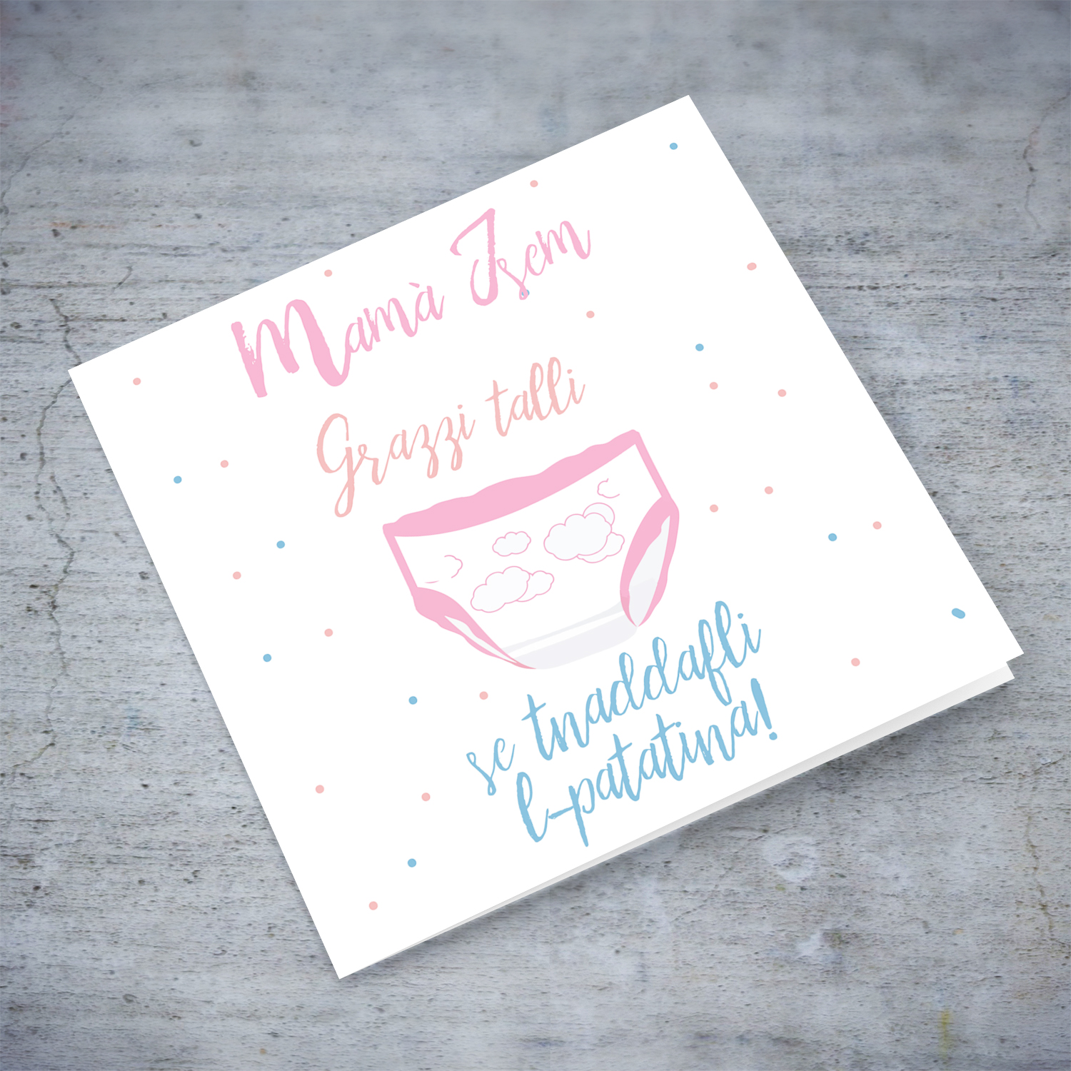 Pink Nappy themed personalisable mother's day card for mummy-to-be in Maltese