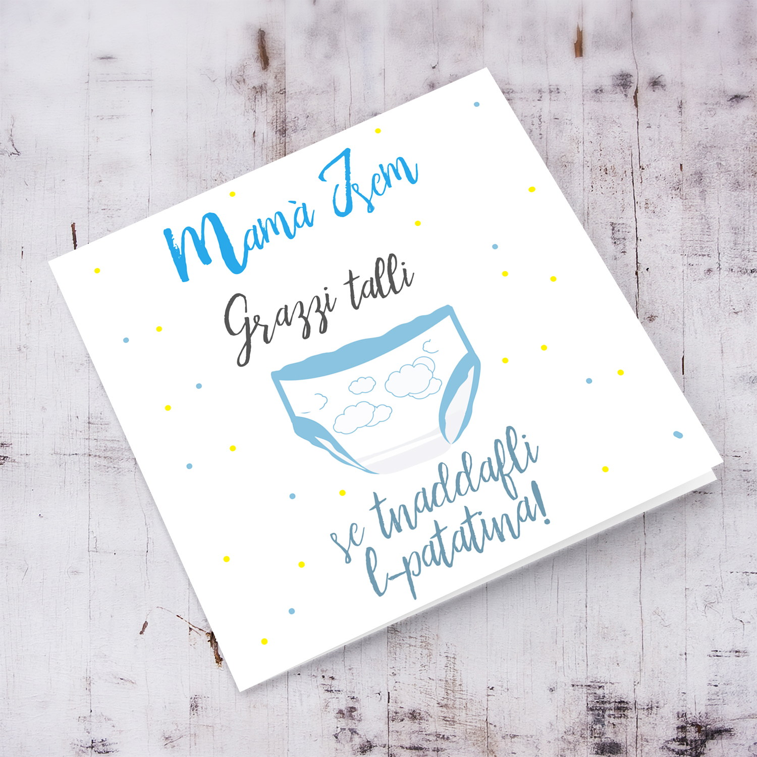 Blue Nappy themed personalisable mother's day card for mummy-to-be in Maltese