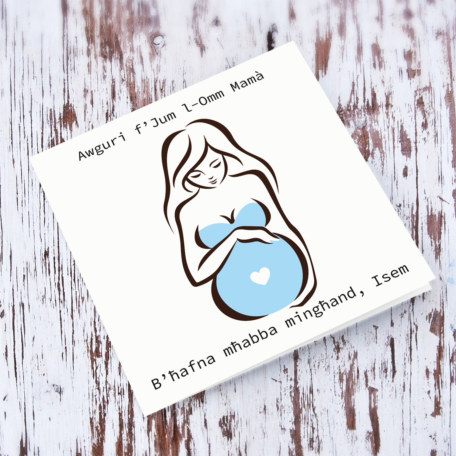 Mummy to be Mother's Day card with heart on bump in light blue in Maltese