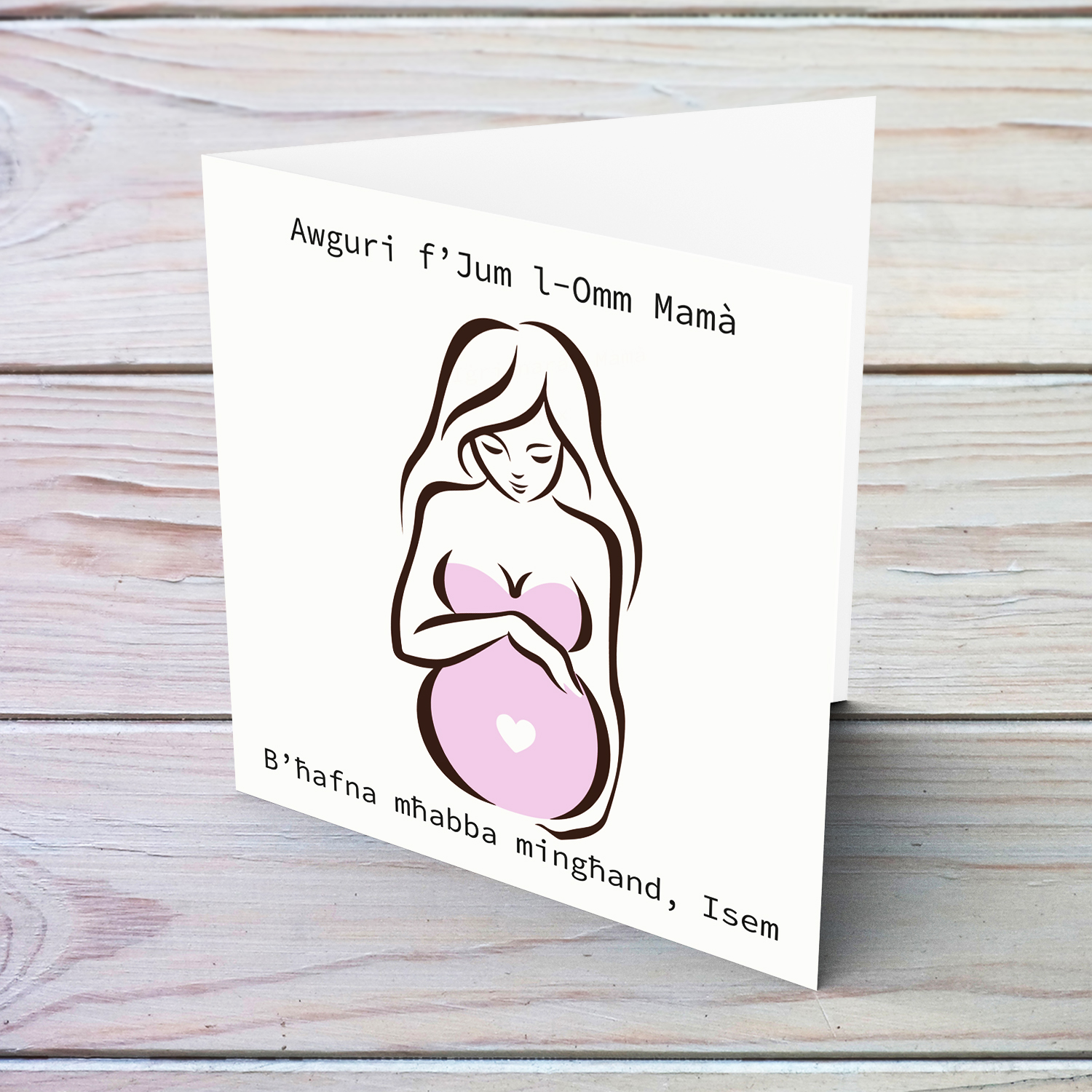 Mummy to be Mother's Day card with heart on bump in light pink Maltese
