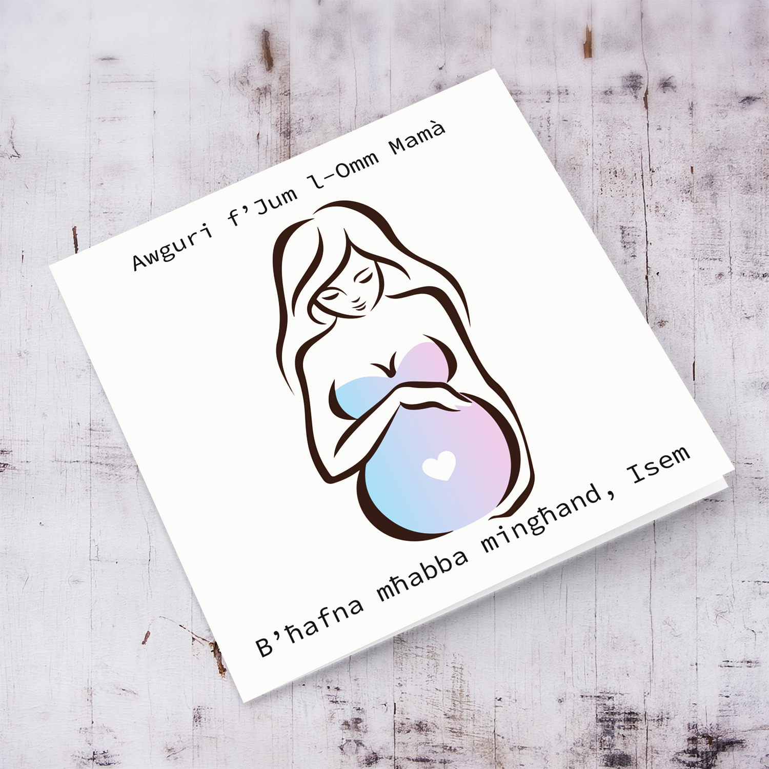 Mummy to be Mother's Day card with heart on bump in light blue and light pink Maltese