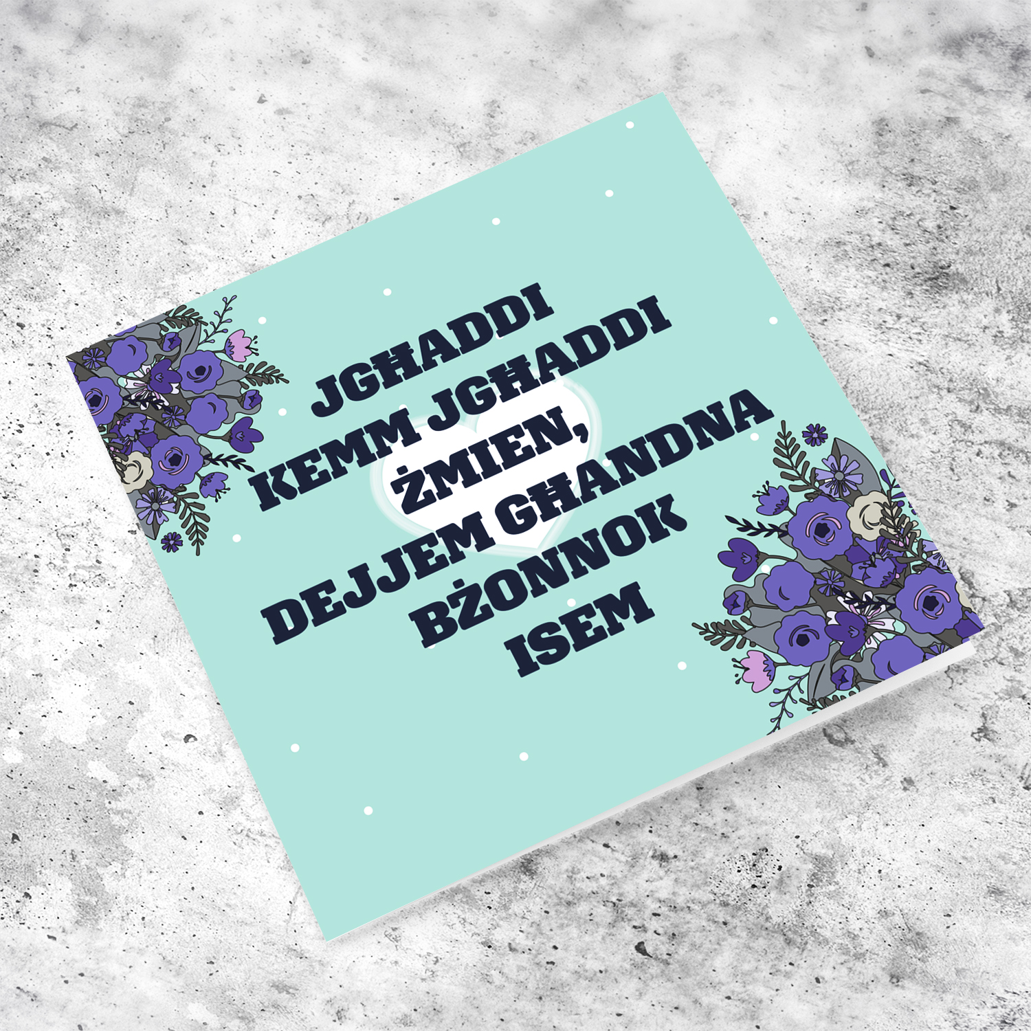 Beautiful mother's day card with a special message for your Mother / Nanna / someone special in Maltese (with light green background, white heart and purple flowers)