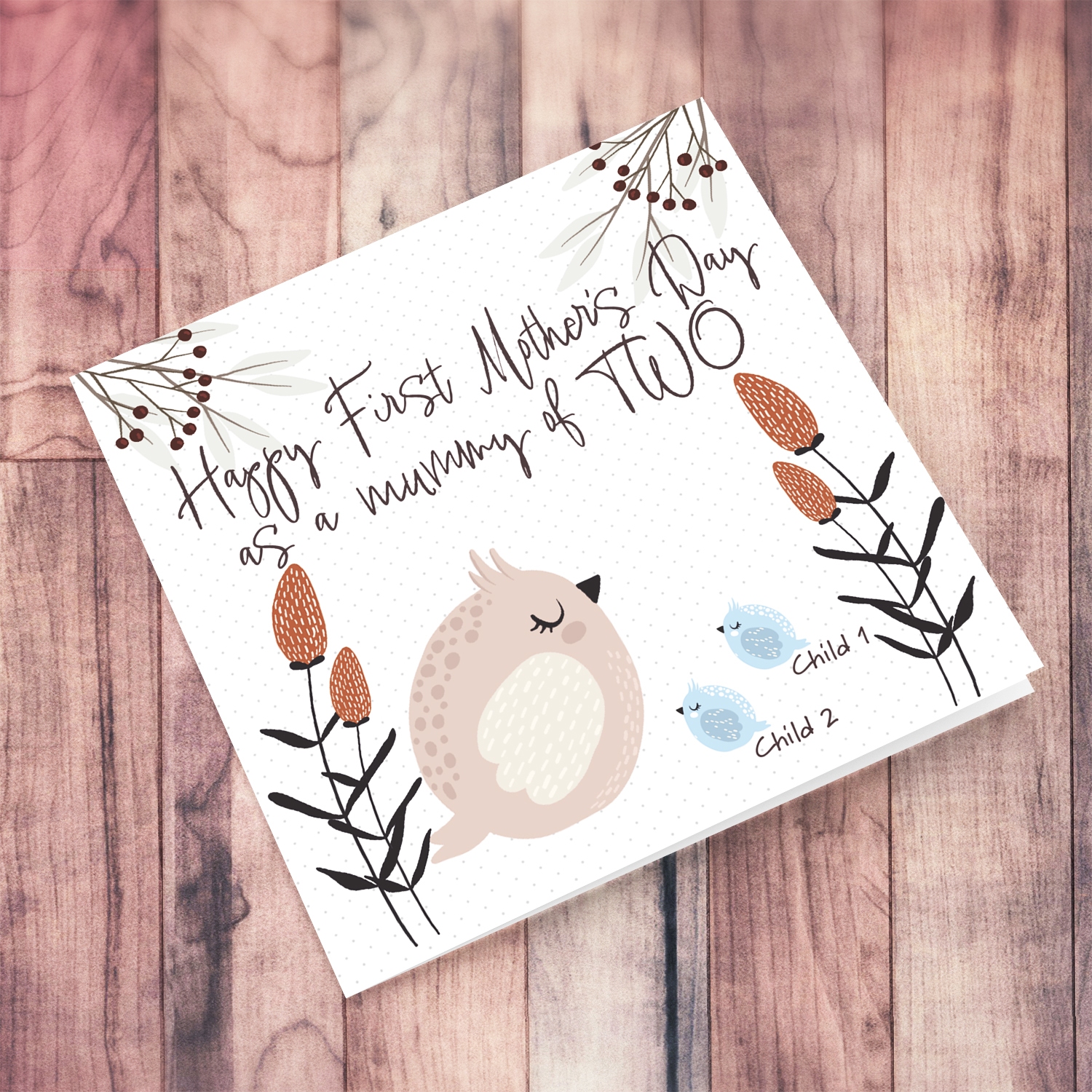 Happy First Mother's day as a mummy of 2 - featuring mummy owl and 2 baby owls in blue in English (Personalisable)