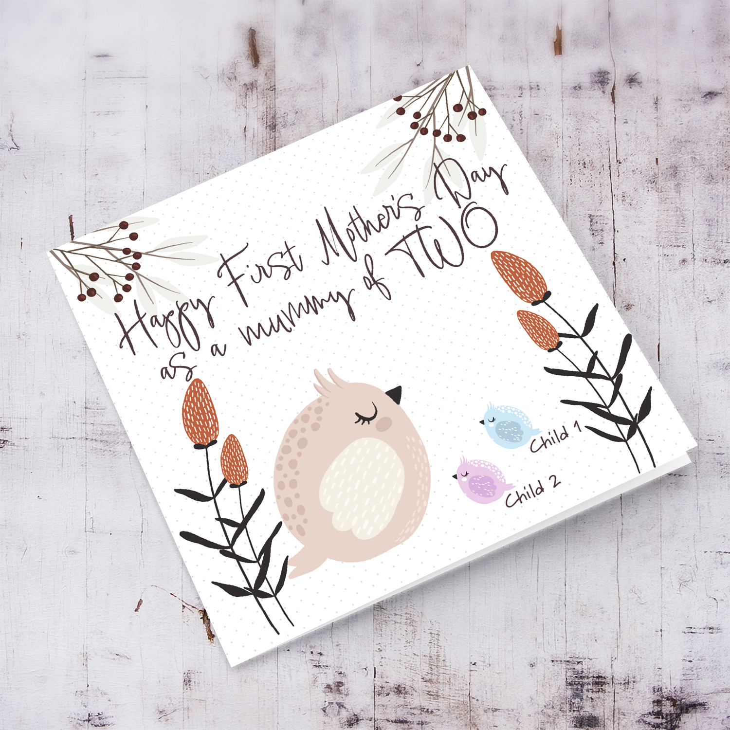 Happy First Mother's day as a mummy of 2 - featuring mummy owl and 2 baby owls in pink and blue in English (Personalisable)