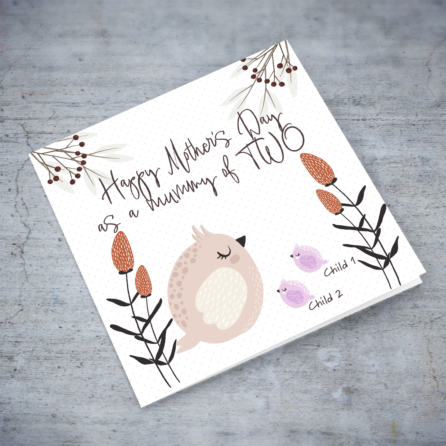 Happy Mother's day as a mummy of 2 - featuring mummy owl and 2 baby owls in pink in English (Personalisable)