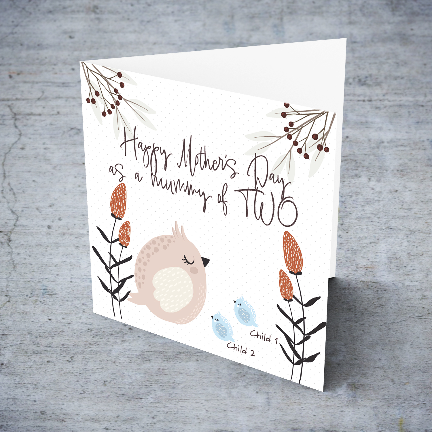 Happy Mother's day as a mummy of 2 - featuring mummy owl and 2 baby owls in blue in English (Personalisable)