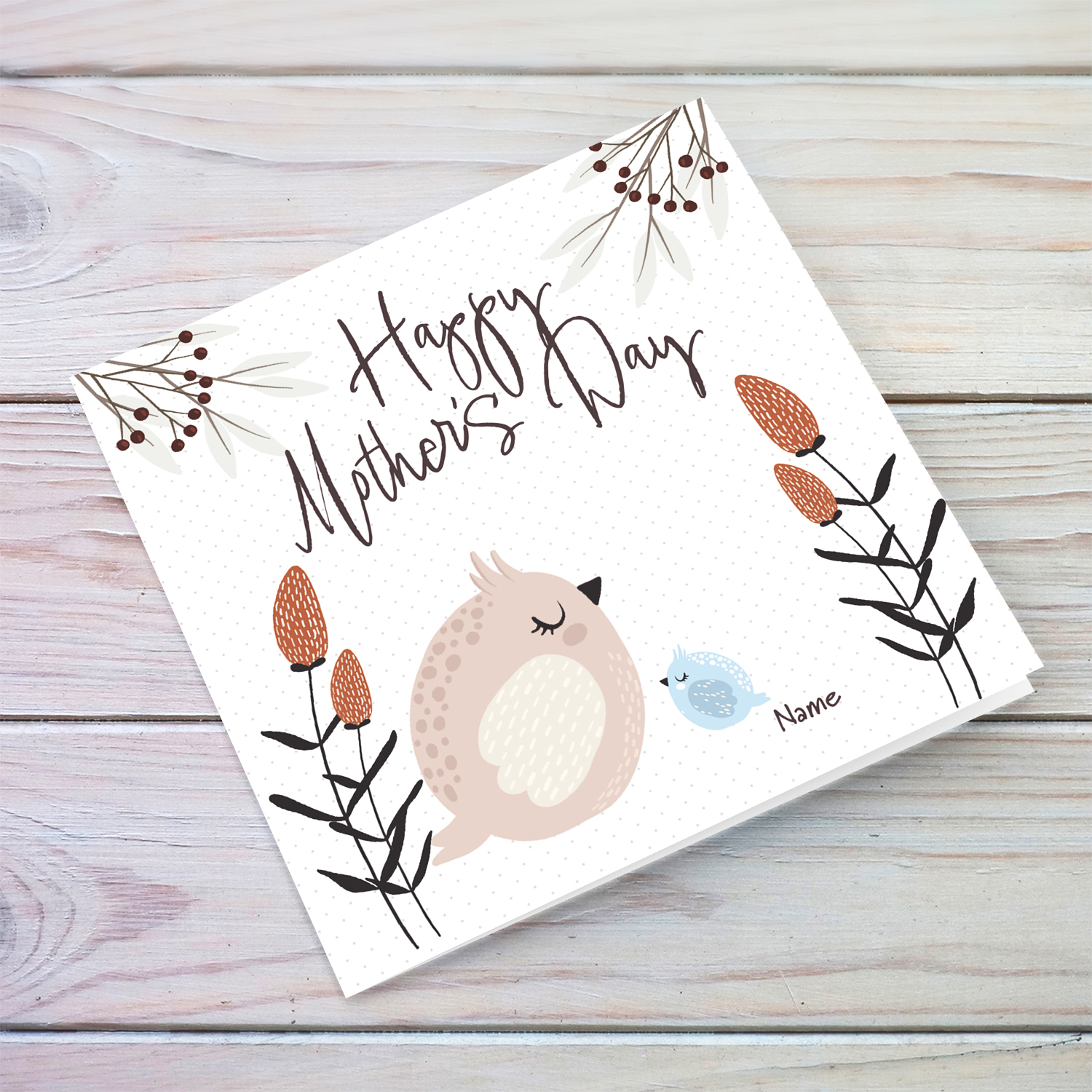 Happy Mother's day - featuring mummy owl and baby owls in blue in English (Personalisable)