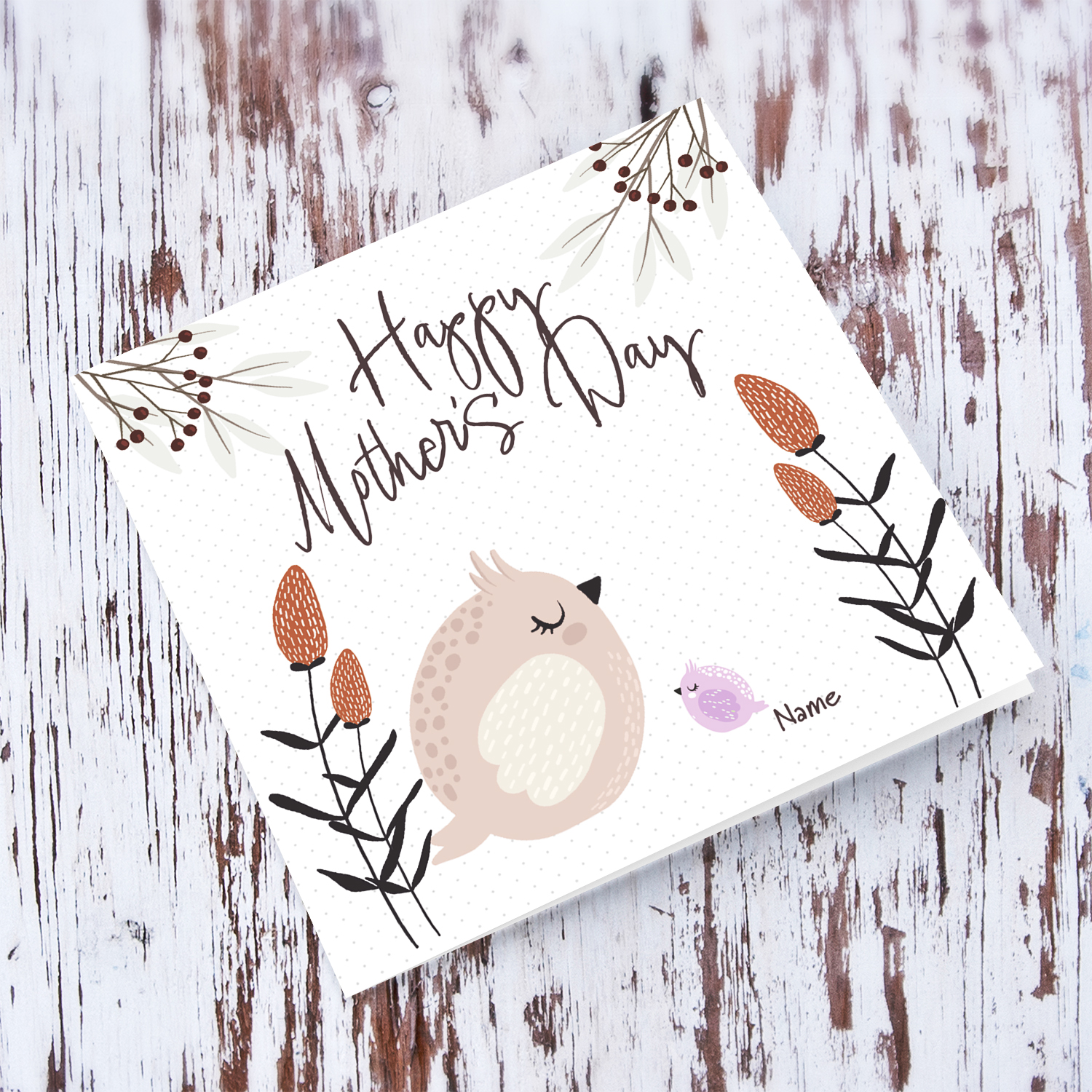 Happy Mother's day - featuring mummy owl and baby owl in pink in English (Personalisable)