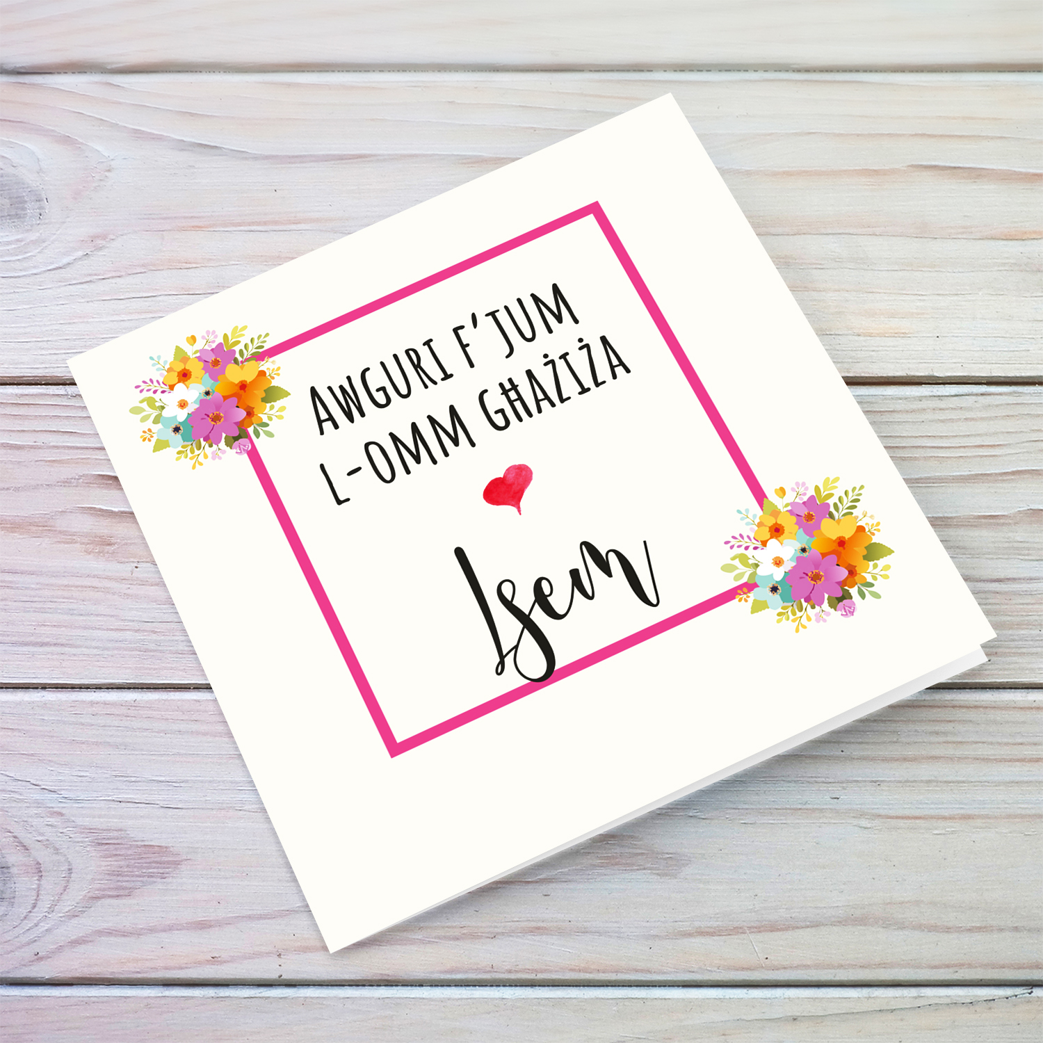 A cute mother's day card in cream background, bright pink border and flowers in Maltese (Personalisable)