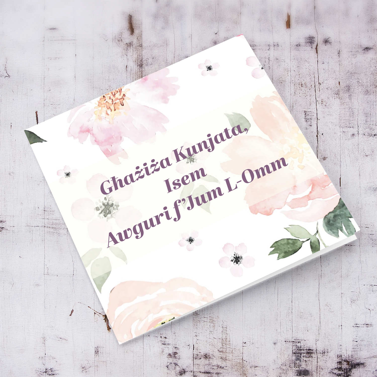 Pink soft floral background personalisale Mother's Day Card for Mother-in-law in Maltese