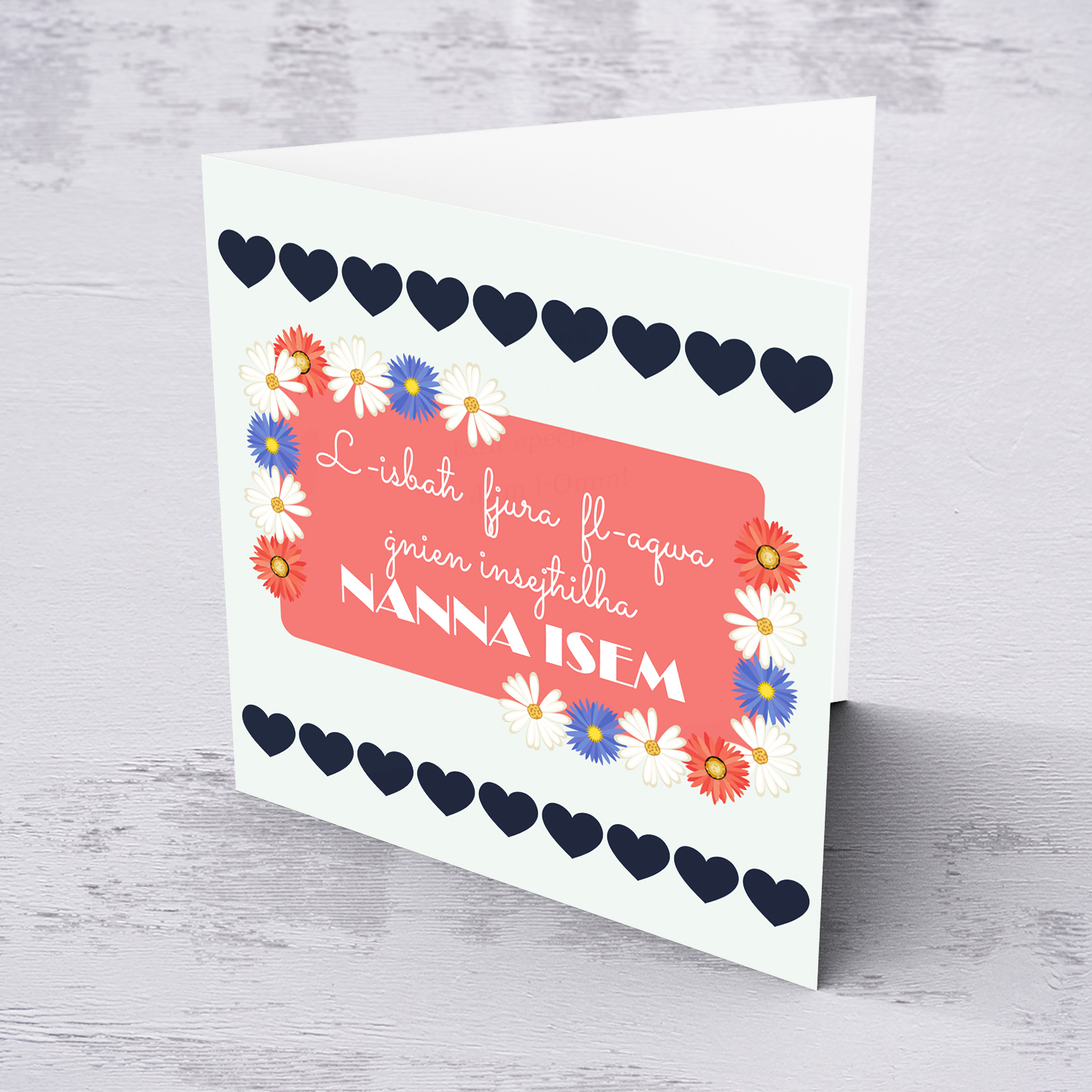 Pastel background with blue hearts and floral border personalisable Mother's Day Card for Grandma in Maltese