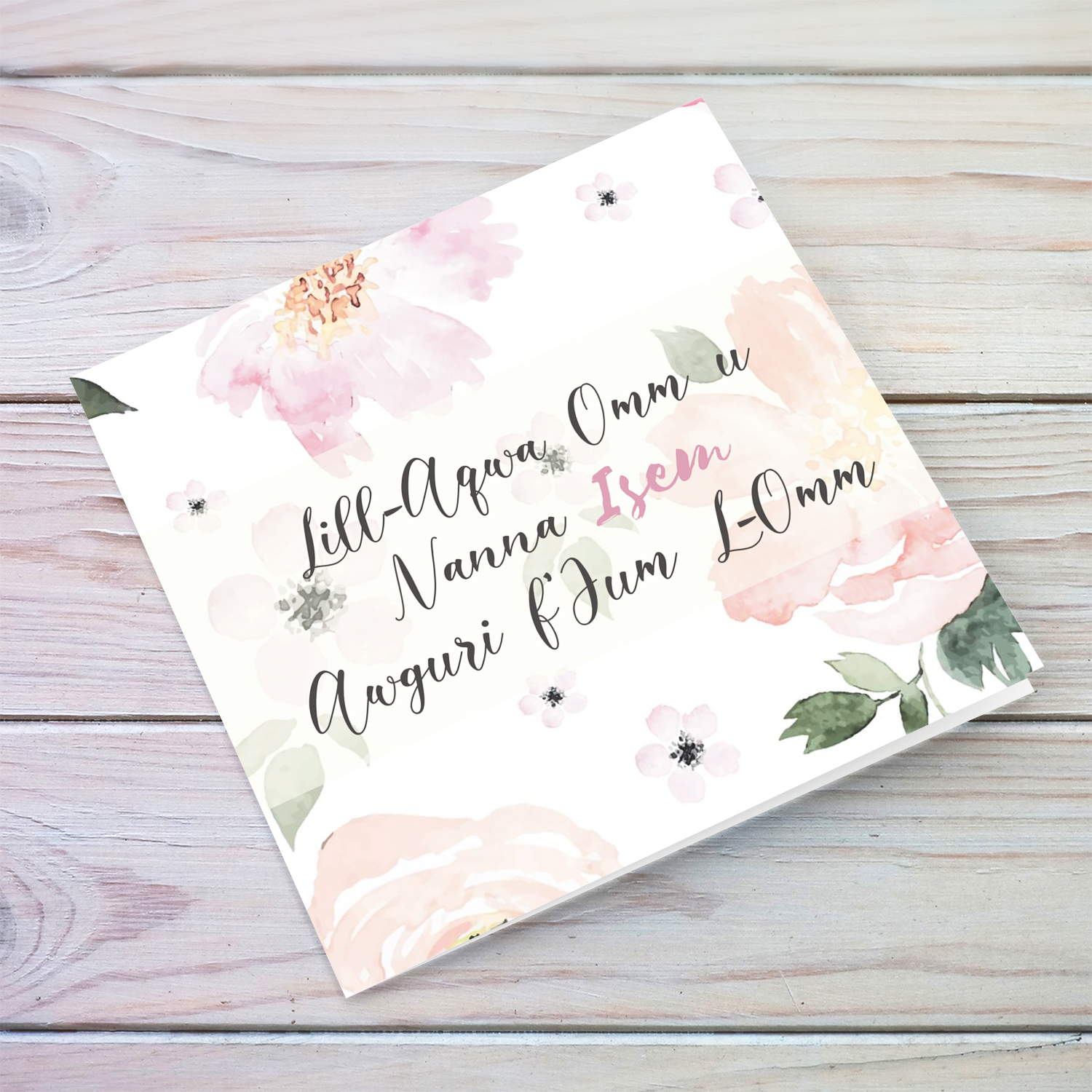 Pink soft floral background personalisable Mother's Day Card  for Mother and Grandma in Maltese