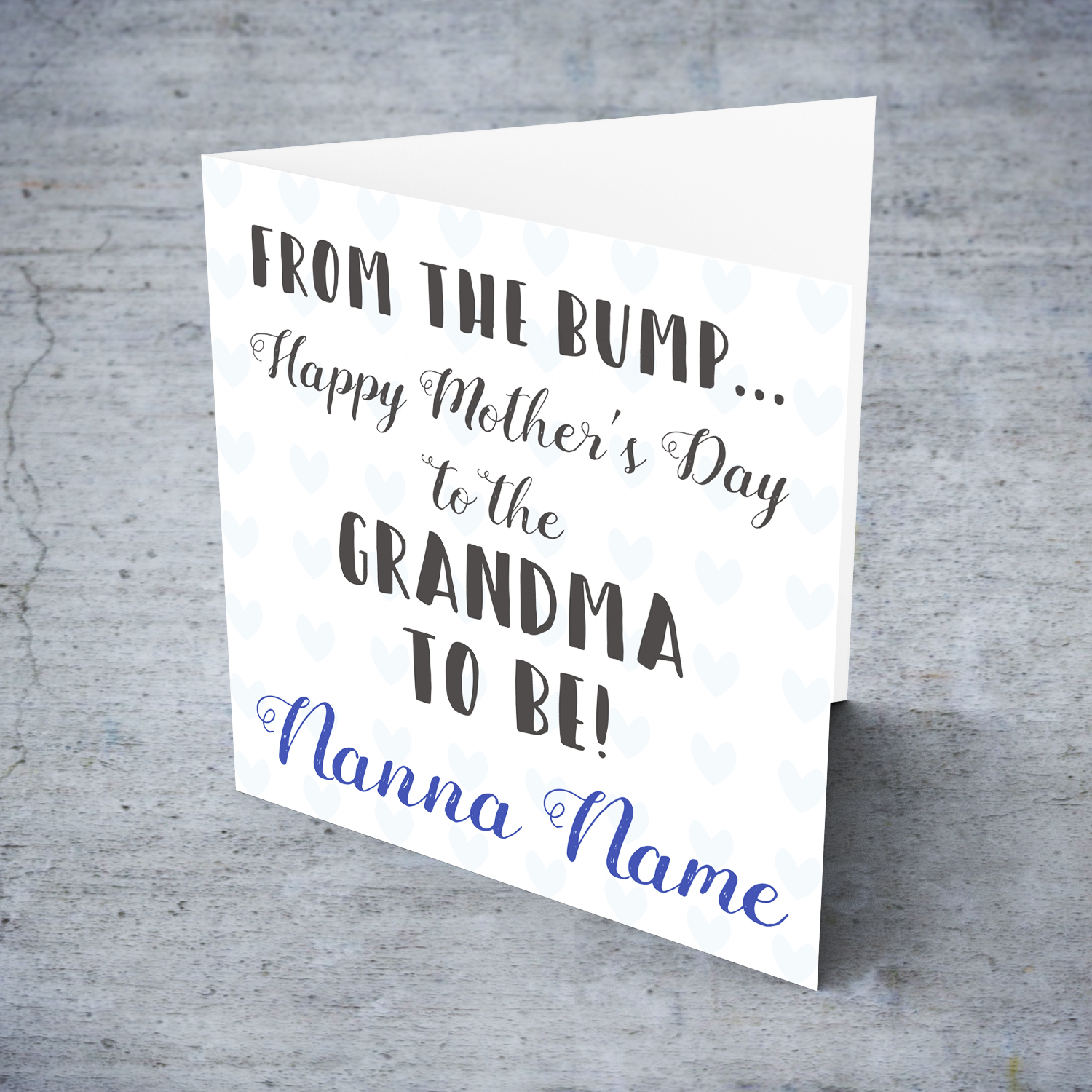 Mother's day personalisable card for grandma to be from the bump (with light blue hearts and text) in English