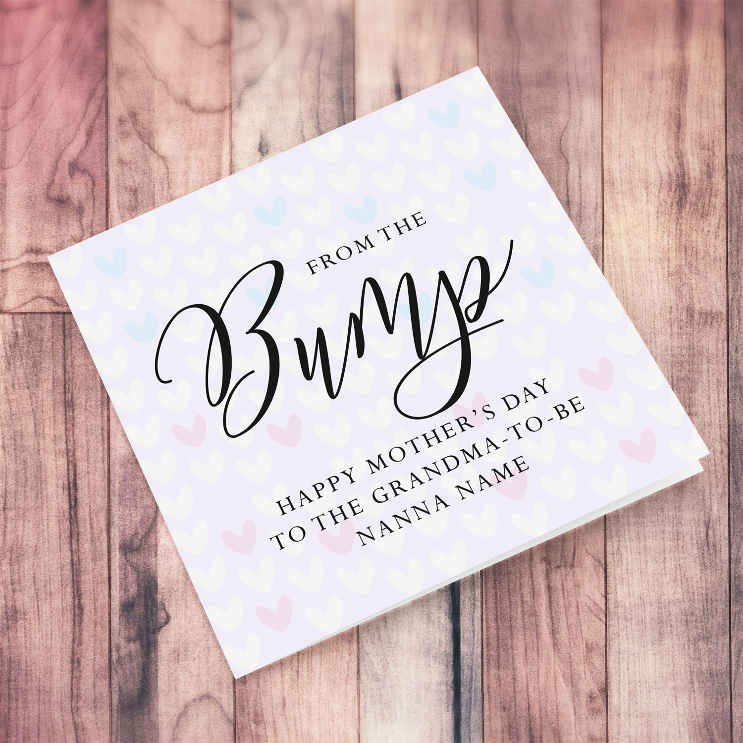A cute mother's day card for the grandma to be from the bump, featuring a light purple background with scattered hearts in English (Personalisable)