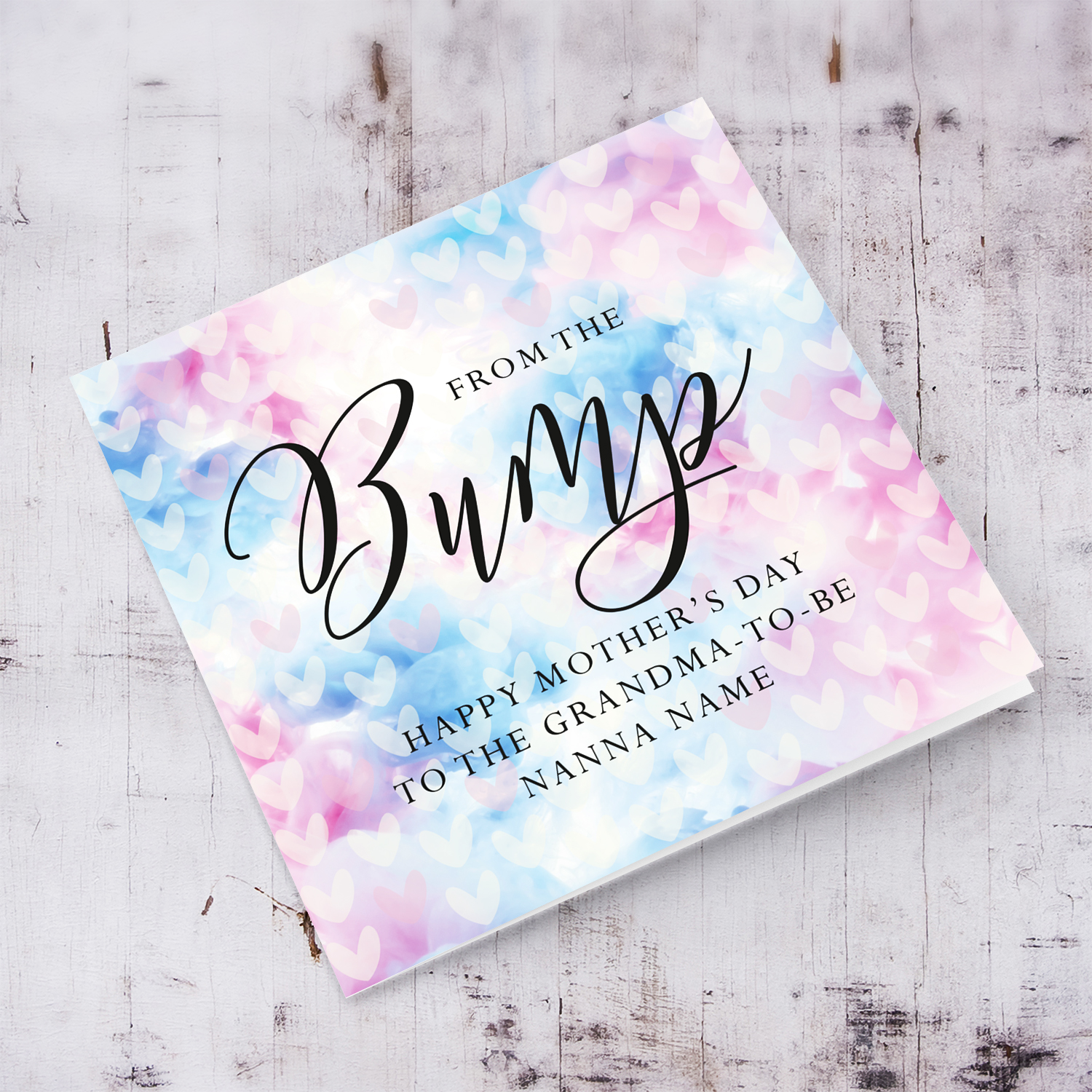 A cute mother's day card for the grandma to be from the bump, featuring a colourful two toned background with scattered hearts in English (Personalisable)
