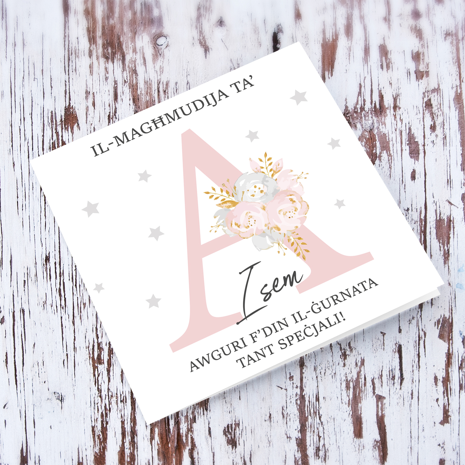 Letter A - Personalisable Baptism Card with pink florals in Maltese