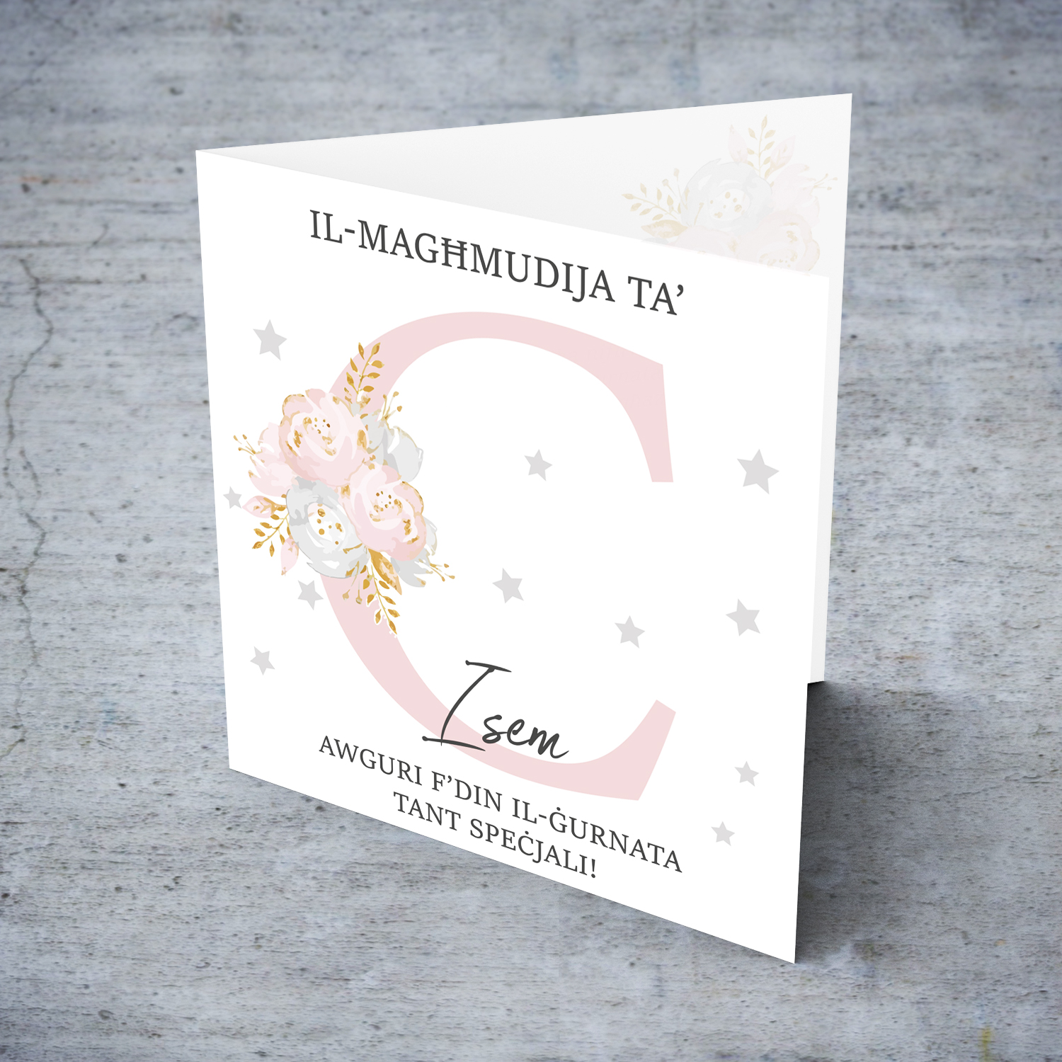 Letter C - Personalisable Baptism Card with pink florals in Maltese