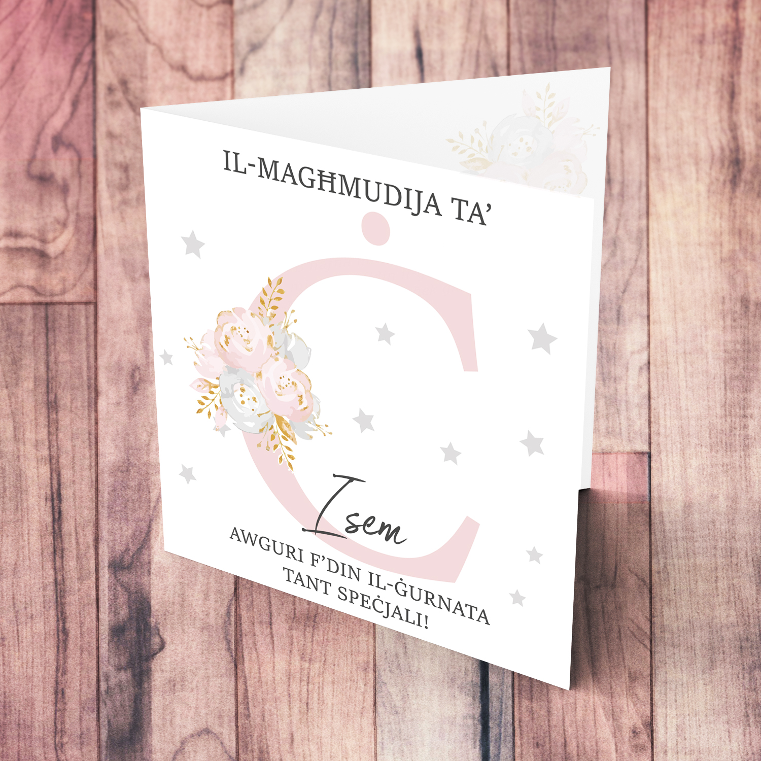 Letter C - Personalisable Baptism Card with pink florals in Maltese