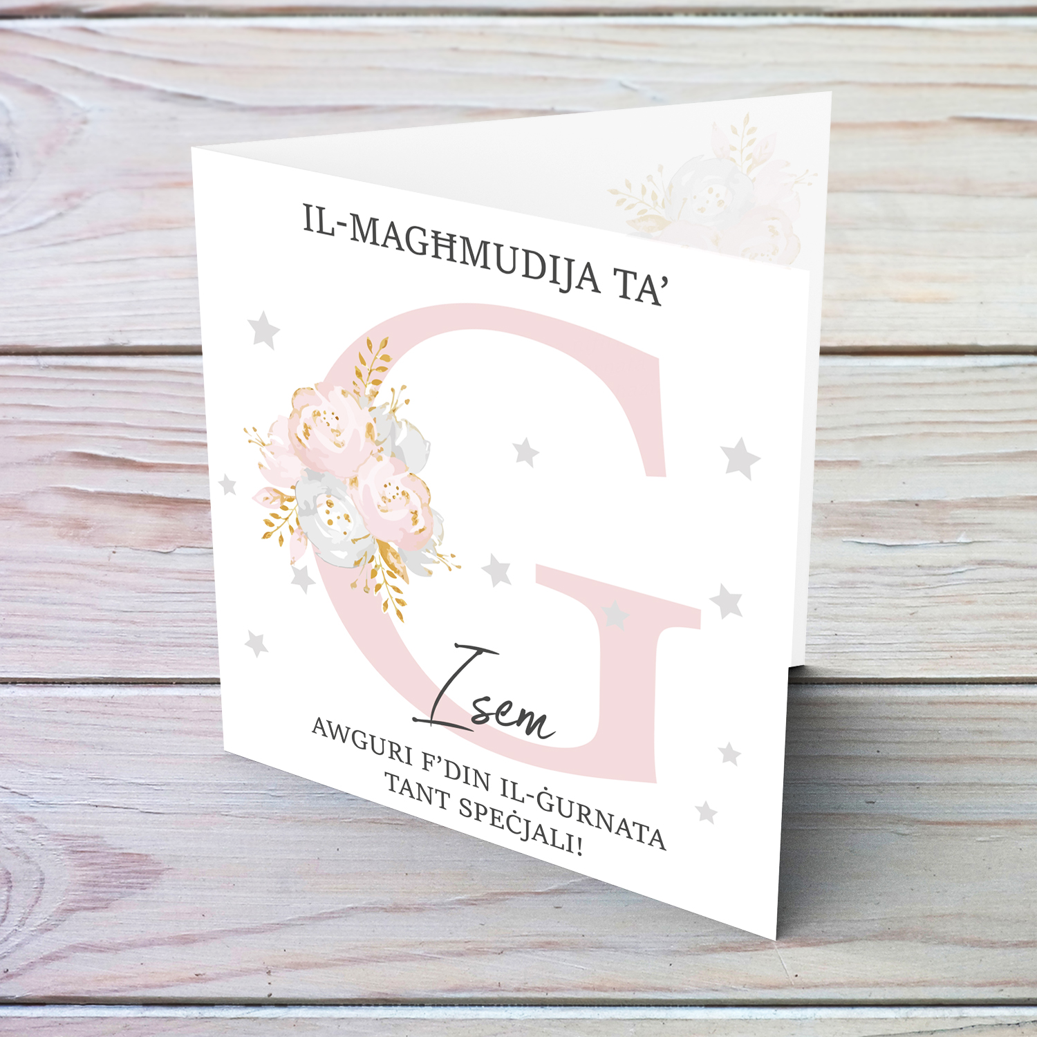 Letter G - Personalisable Baptism Card with pink florals in Maltese
