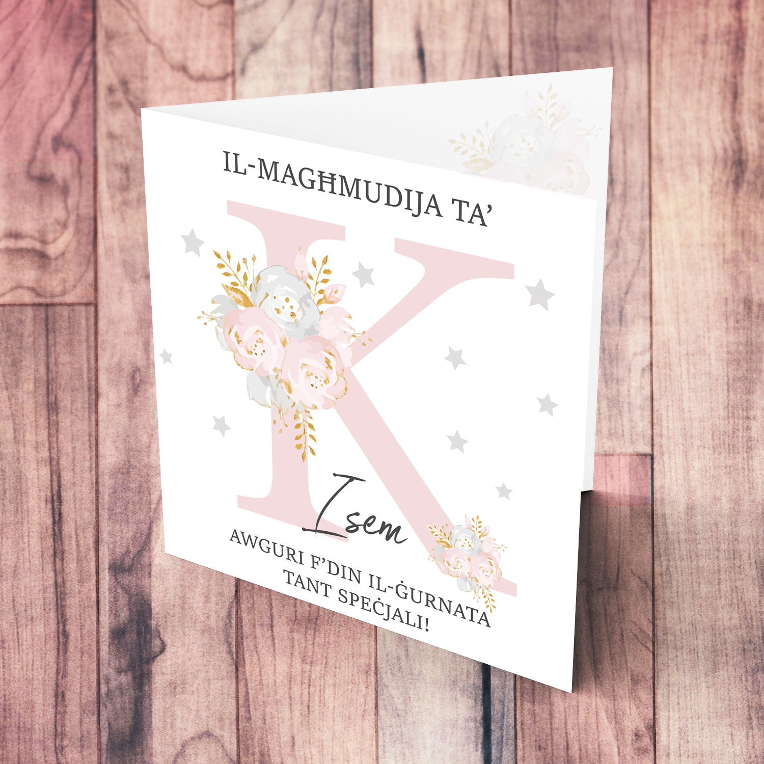 Letter K - Personalisable Baptism Card with pink florals in Maltese