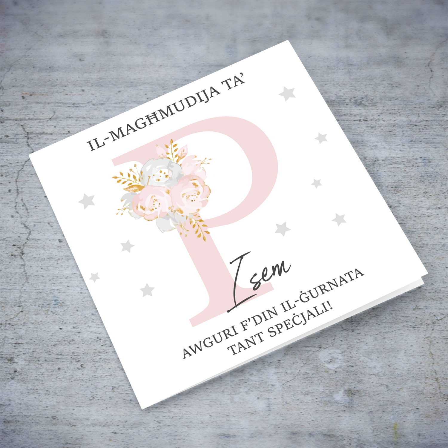 Letter P - Personalisable Baptism Card with pink florals in Maltese