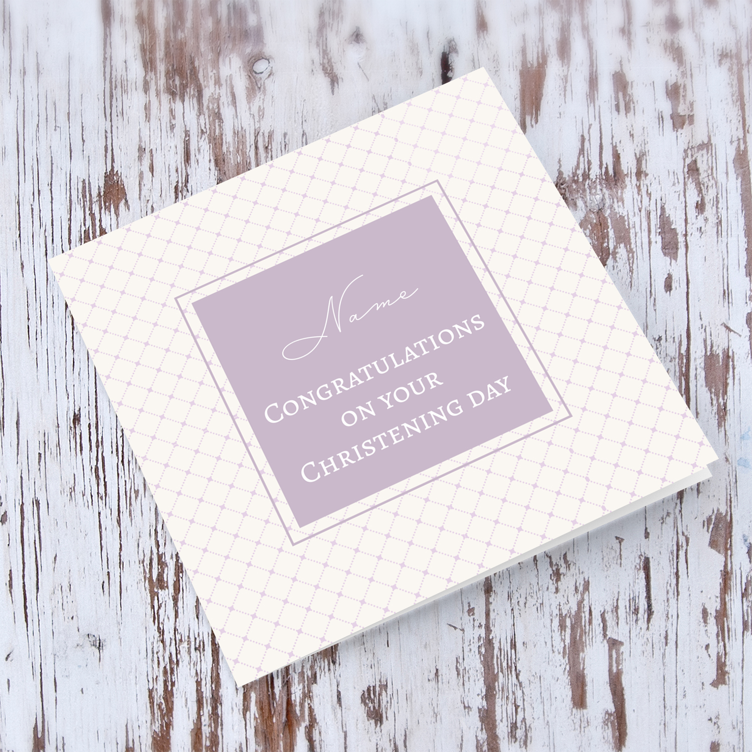 Criss cross light pink/purple background minimalist Christening personalisable card in English 