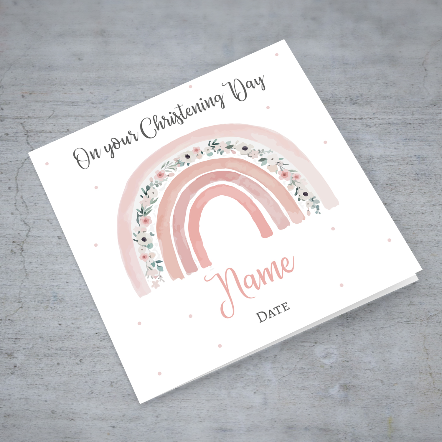 Cute floral rainbow in shades of pink personalisable baptism / christening card for girls in English
