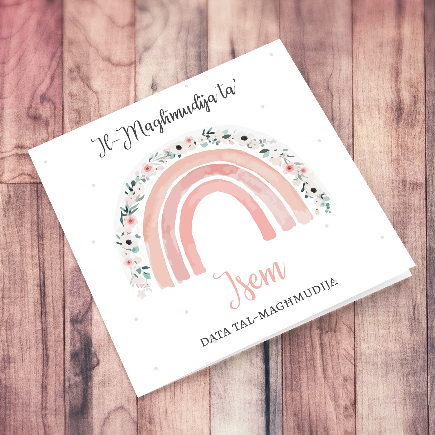 Cute floral rainbow in shades of pink personalisable baptism / christening card for girls in Maltese