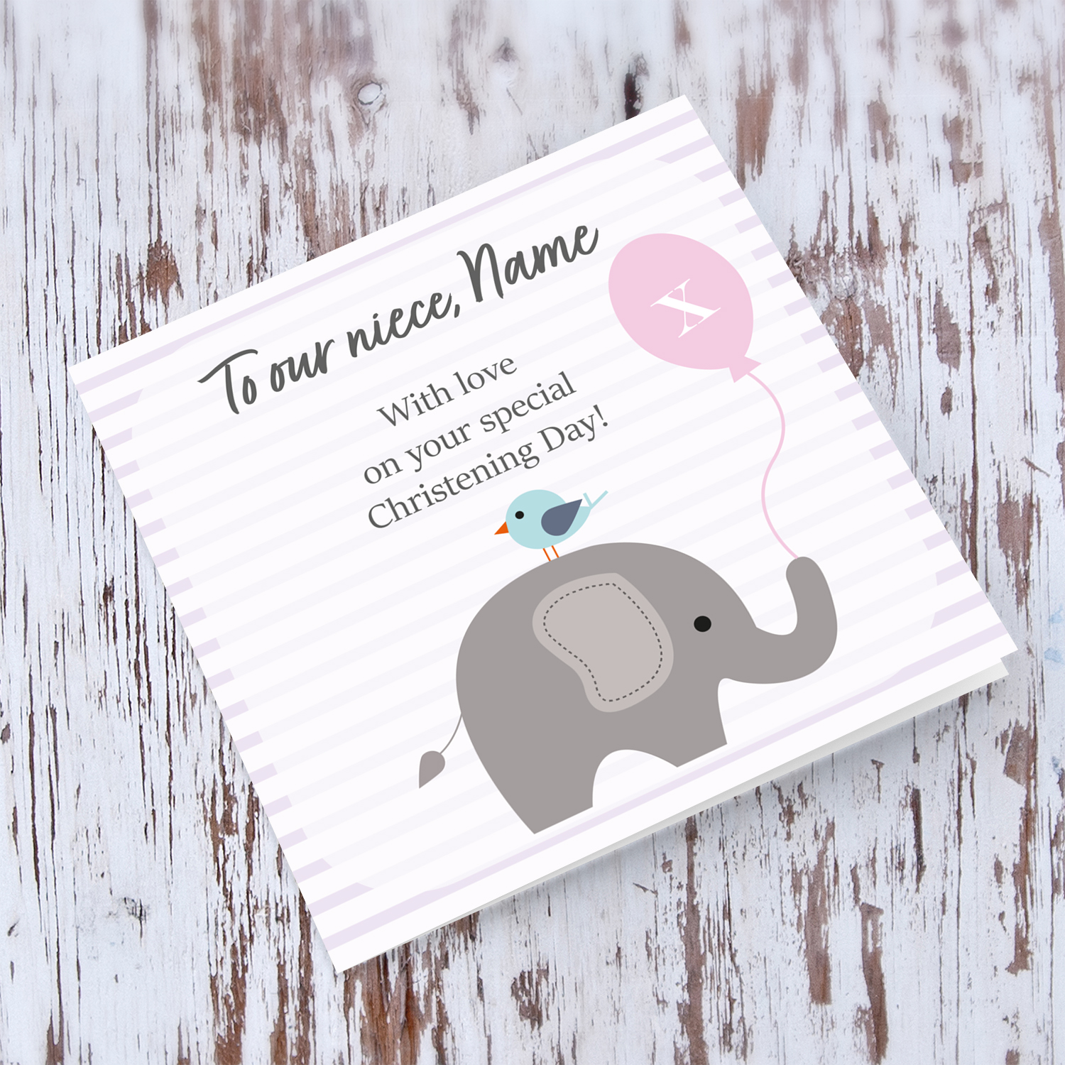 Elephant with bird holding pink baloon, with striped background baptism card for NIECE in English (Personalisable)