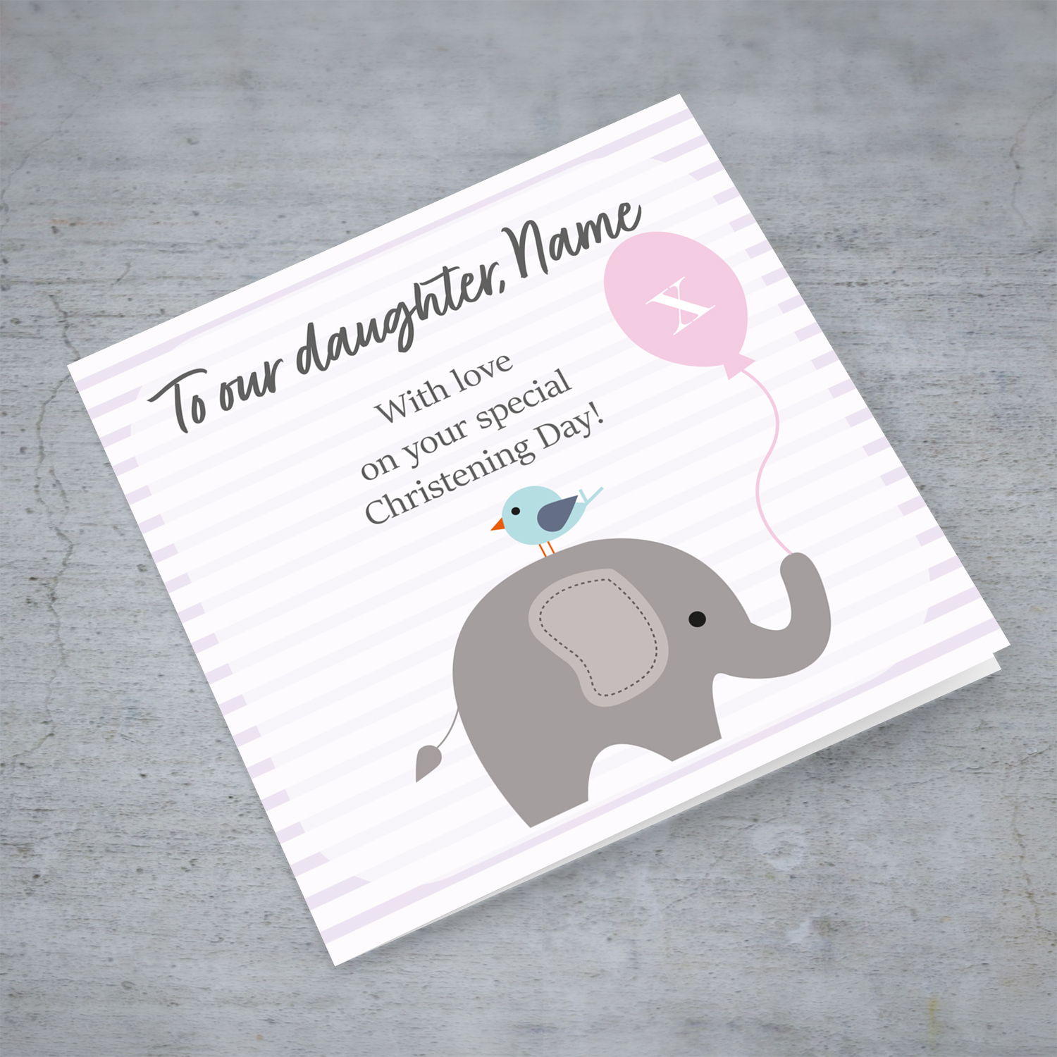 Elephant with bird holding pink baloon, with striped background baptism / christening card for DAUGHTER in English (Personalisable)