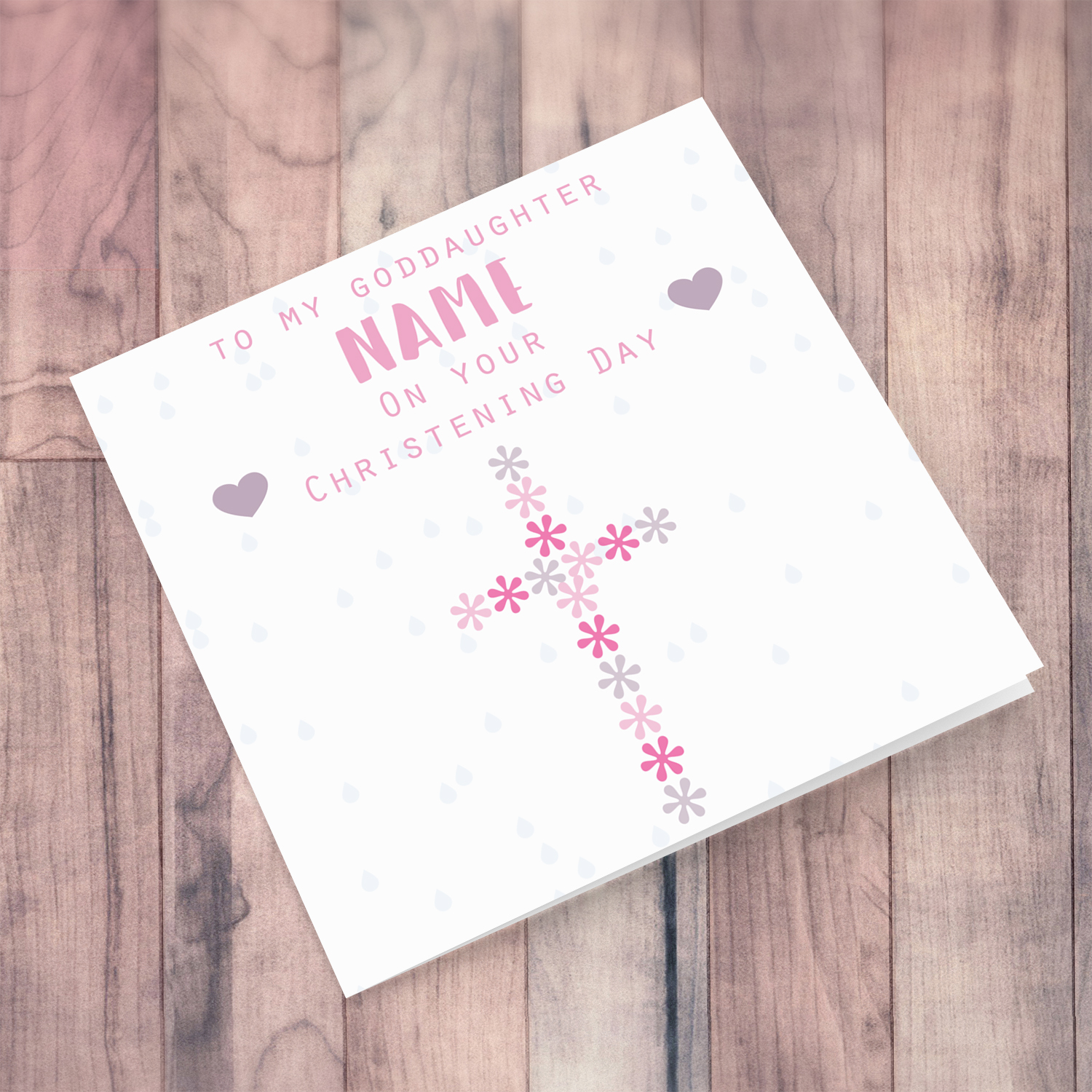 Floral cross in pink hues baptism card for a girl GODDAUGHTER in English (Personalisable)