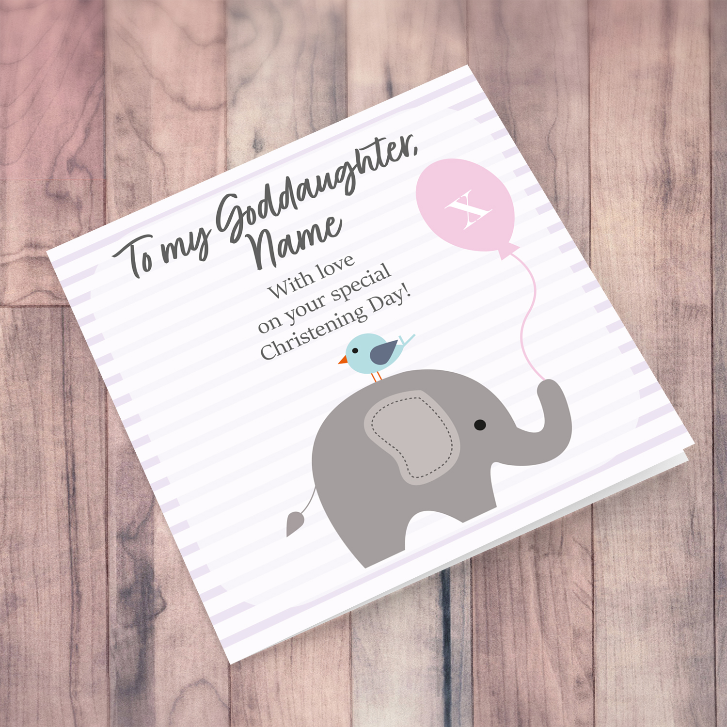 Elephant with bird holding pink balloon, with striped background baptism card for Goddaughter in English (Personalisable)