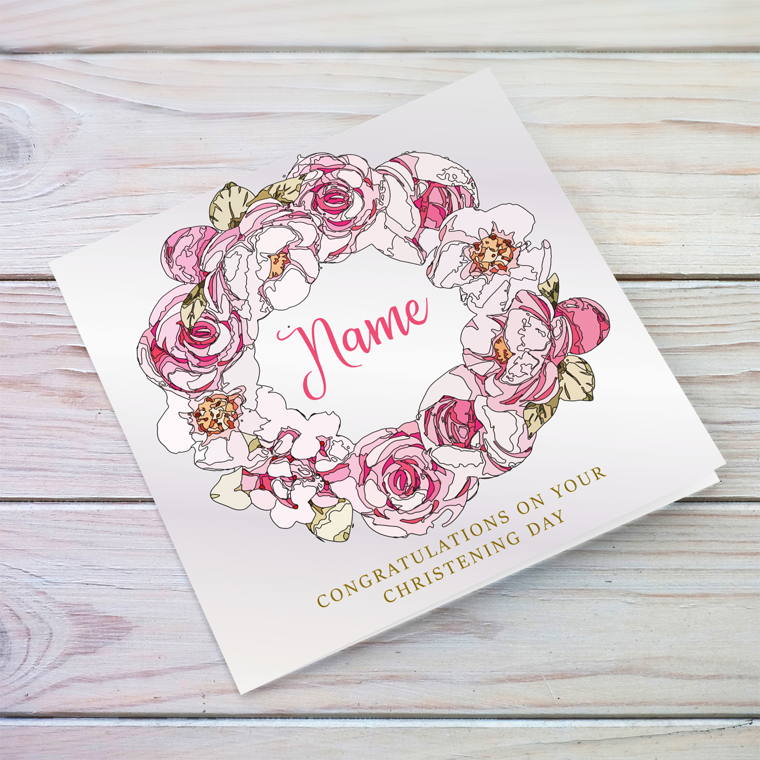 Tones of pink floral wreath christening / Baptism card for girls in English (Personalisable)